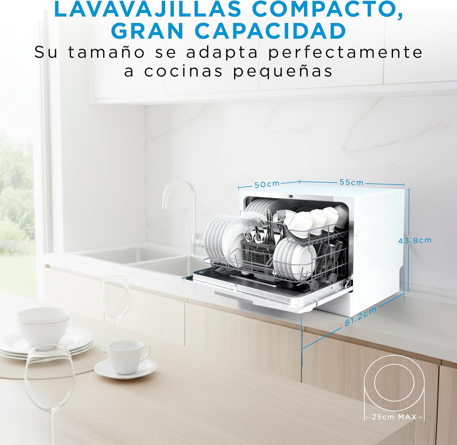 Midea Small White Dishwasher 55 cm for 6 Services - Compact and Portable Dishwasher without Installation - Dishwasher with Eco Saving Program, Antibacterial Filter and Hourly Schedule