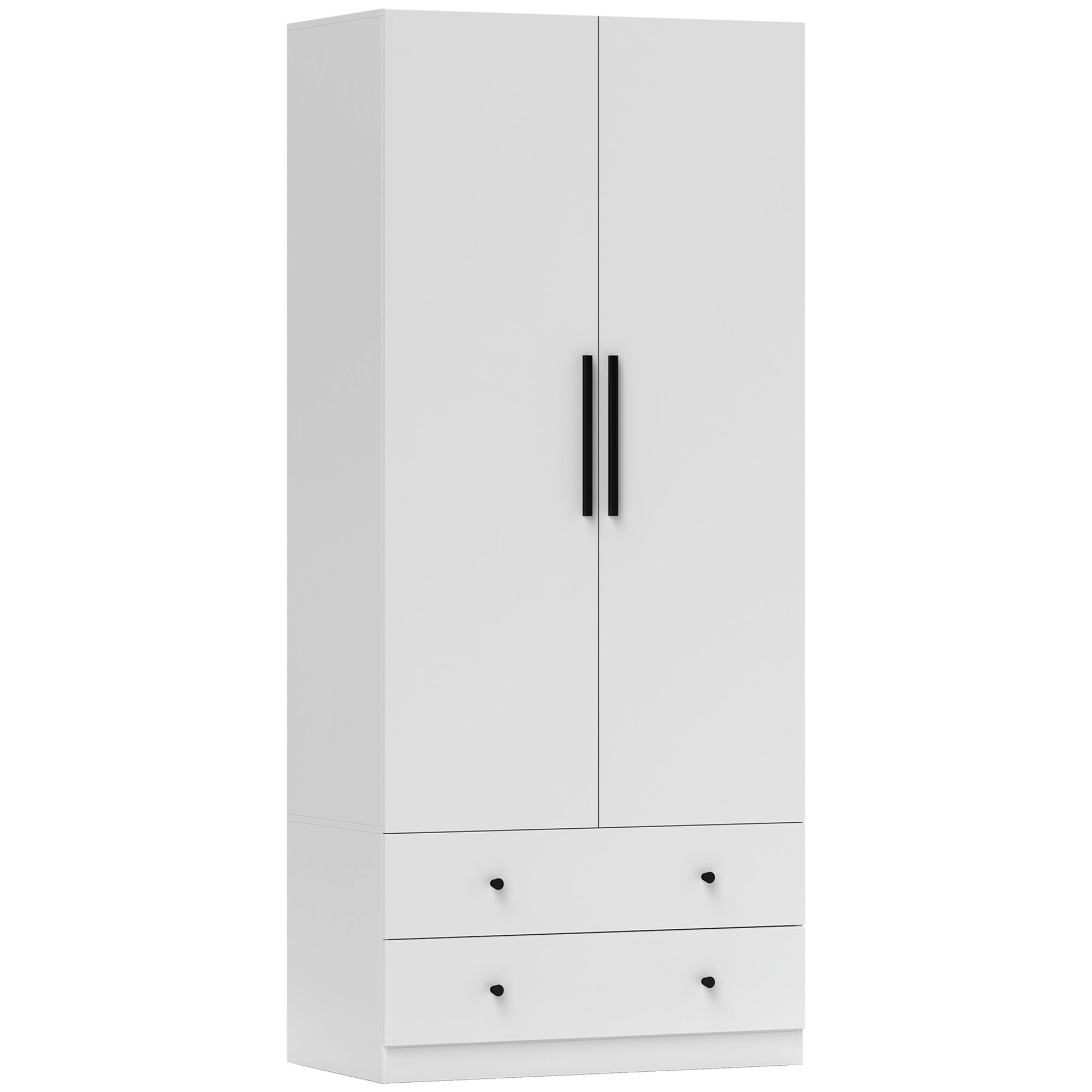 Garderobekast, 2-Deurs, Hangruimte, Kledingstang, 2 Laden, Spaanplaat, Wit