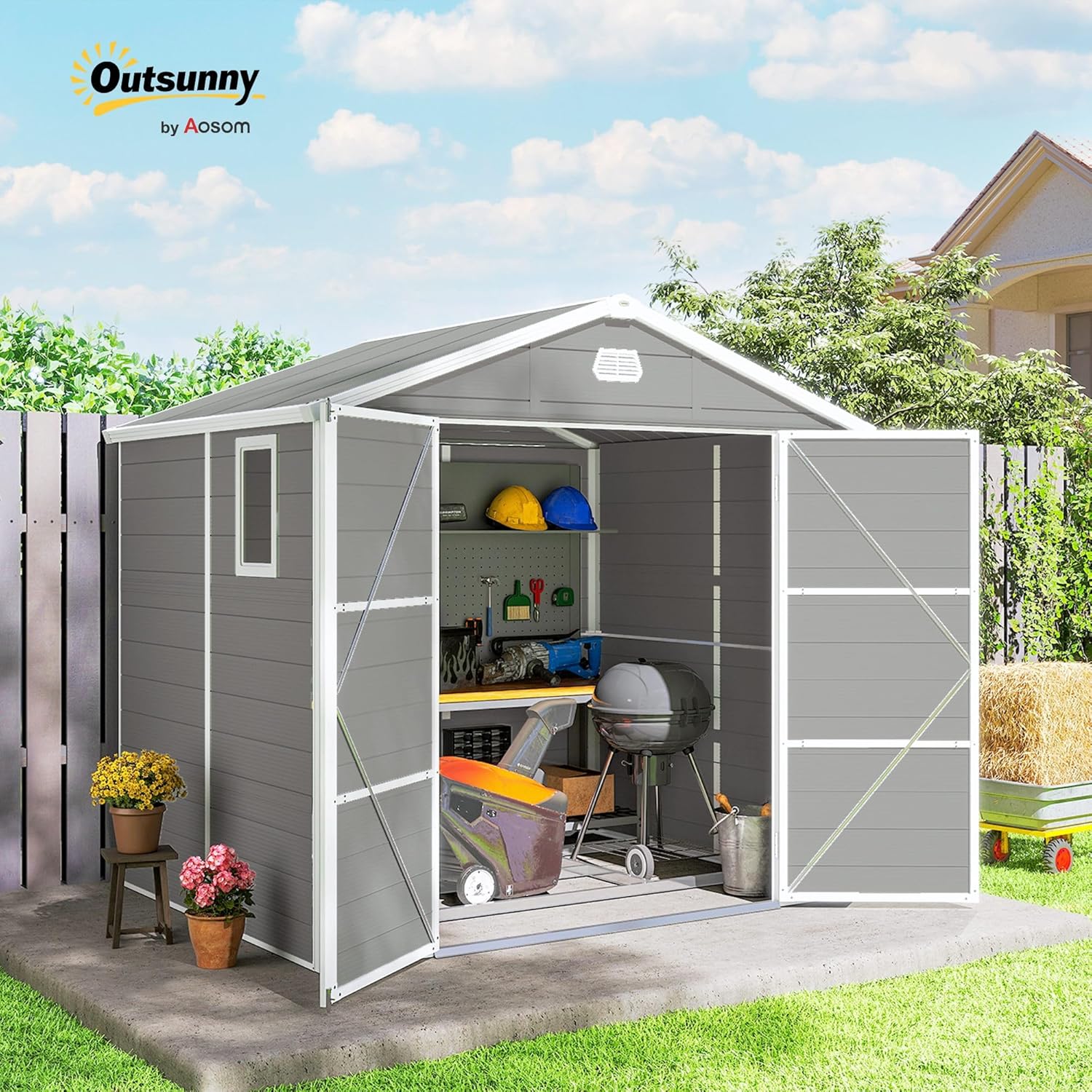 Outsunny Gerätehaus 4,1m² Geräteschuppen mit Satteldach, Kunststoff Gartenchuppen mit abschließbarer Tür, Belüftungsöffnung, Fenster und Fundament, Gartenhaus für Garten, 240 x 190 x 228 cm Hellgrau