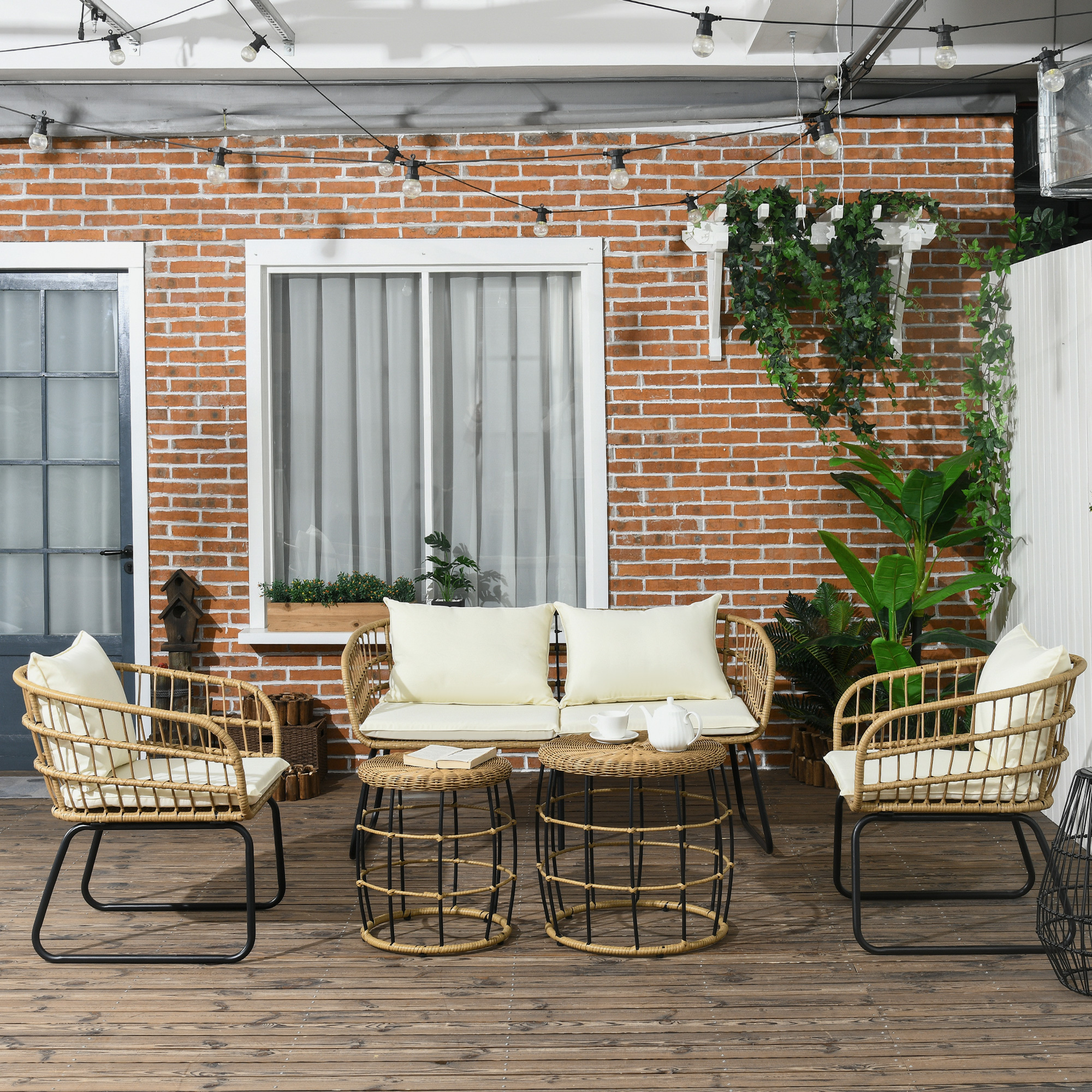 Outsunny Lounge-Set Rattan Zitgroep, Buitenmeubelset in Boho-stijl, 5-delig, 145 x 70 x 78 cm, Cr��me + Natuur + Zwart