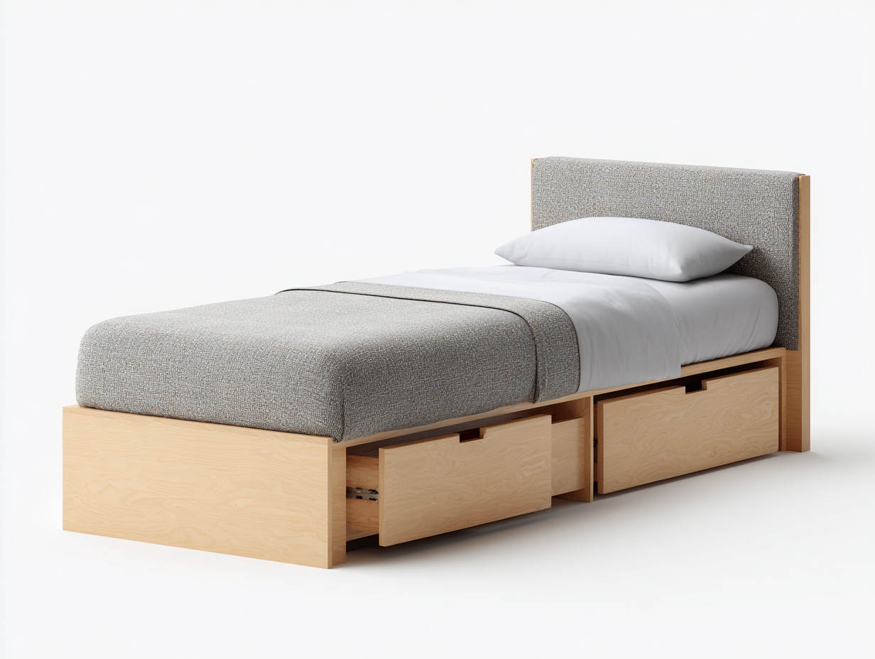 Einzelbett für Schlafzimmer mit Schubladen Holz und Stoff 205x95x95 cm - Naturholz und Grau - Modernes Design