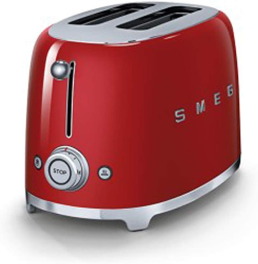 Smeg, 2x2 TSF01RDEU -Toaster, 2 Schlitze für 2 Scheiben, 6 Vergoldungsniveaus, Heizfunktion, Abtau- und Bagel- Funktion, Sammelschublade, 950W, Rot