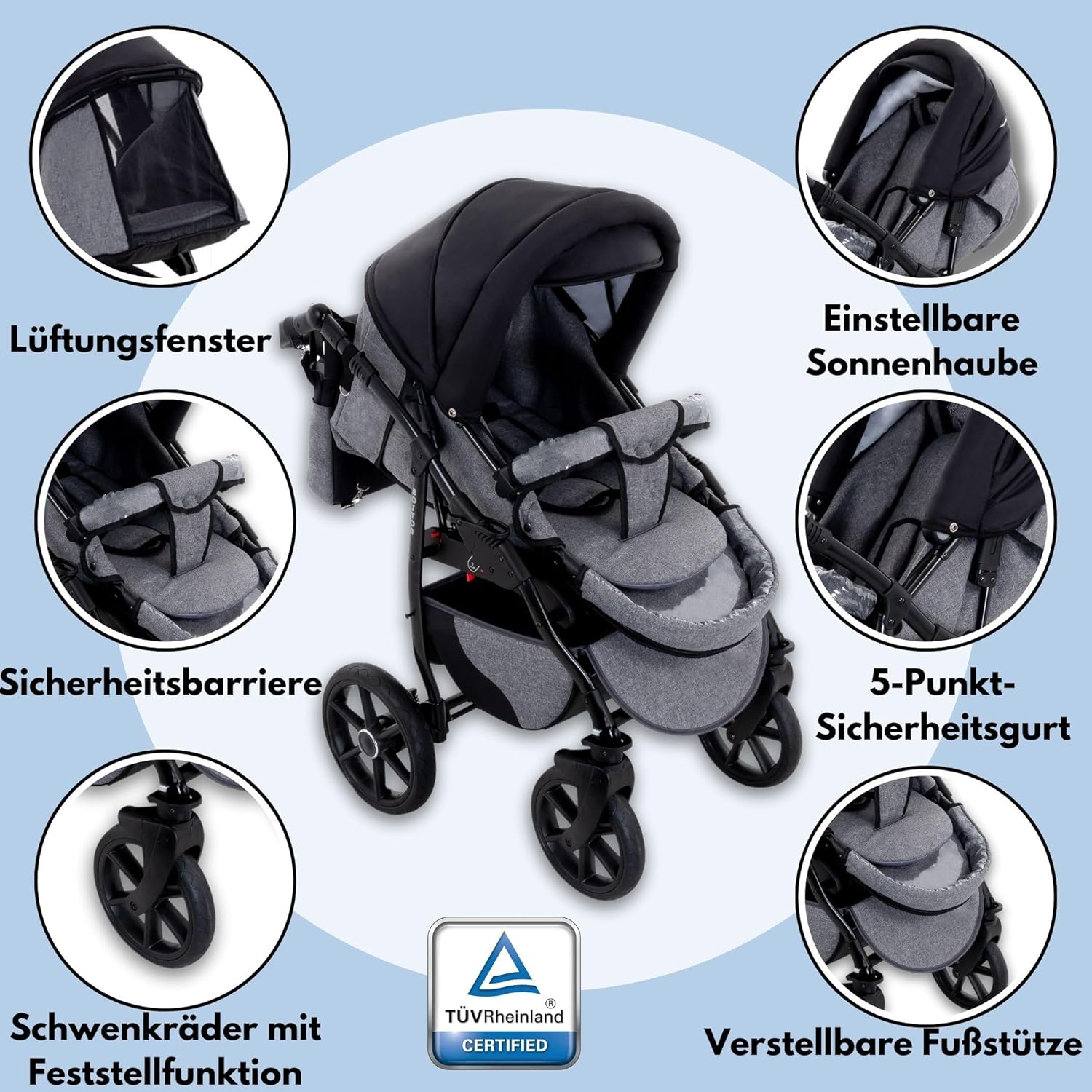 GaGaDumi Boston Kinderwagen 3 in 1 Komplettset mit Autositz - Kombikinderwagen mit großen Rädern - TÜV-zertifiziert - Baby Stroller Set - für Neugeborene und Kleinkinder Grau Jeans
