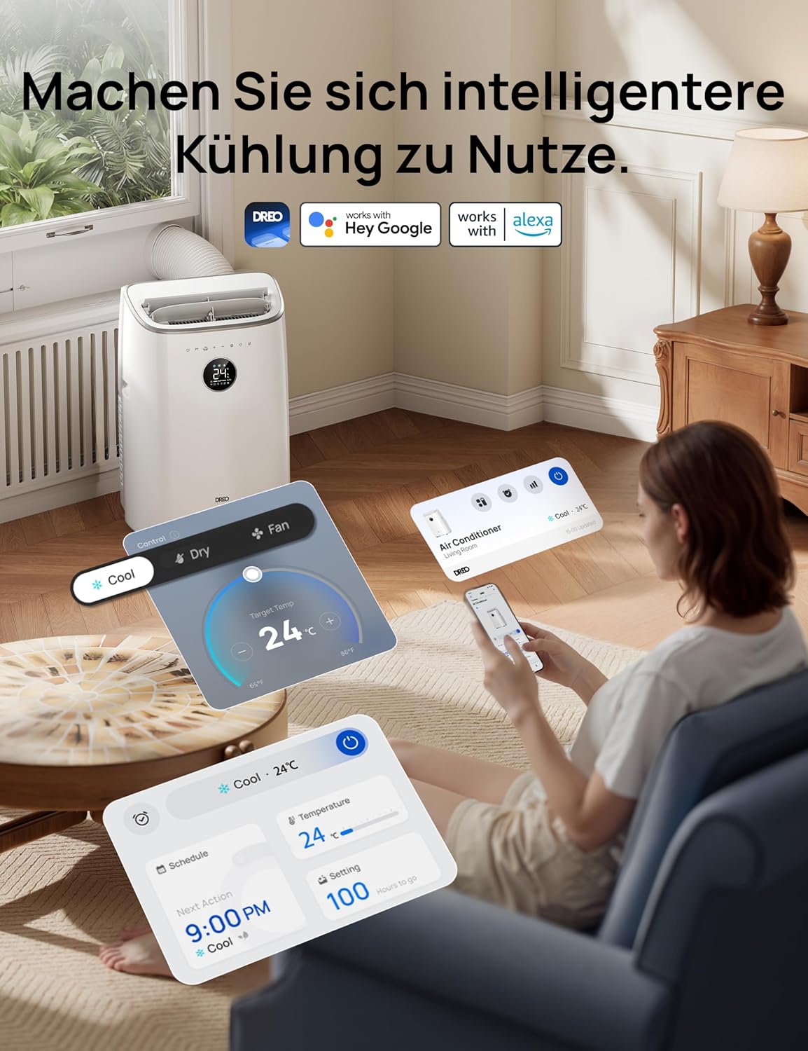 DREO 7500 BTU Mobiles Klimagerät (3-in-1 Kühlen/Ventilieren/Entfeuchten), leise für Schlafzimmer/Büro, Steuerung per App/Sprachbefehl/Fernbedienung, drainagefrei, Fenster-Set, 2,5 L/h, AC318S