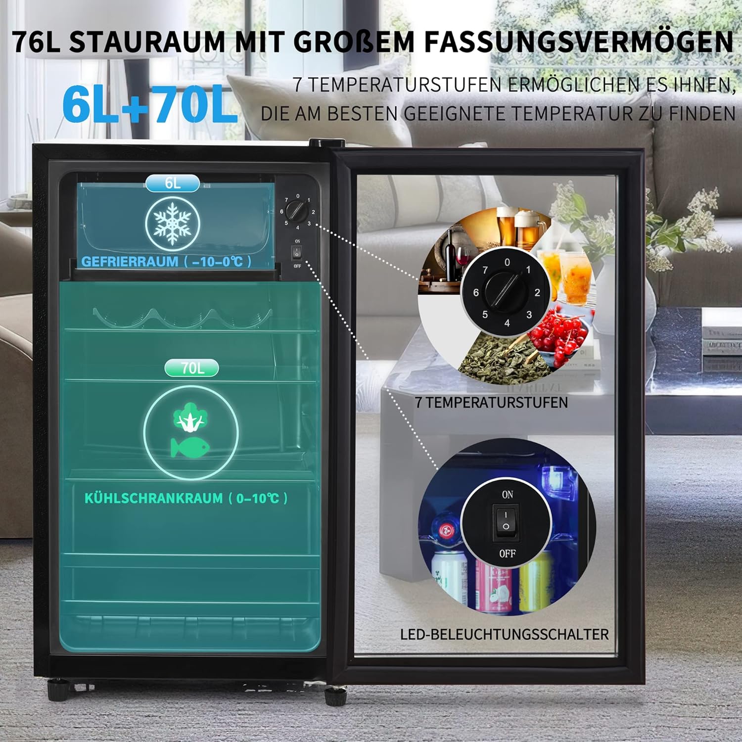 Merax Getränkekühlschrank, 76L Mini Kühlschrank mit 6L Gefrierfach, Kühlschrank Klein mit 2 Ablagen, Mini mit Glastür, Minikühlschrank Lautlos für Büro Camping Outdoor, Schwarz