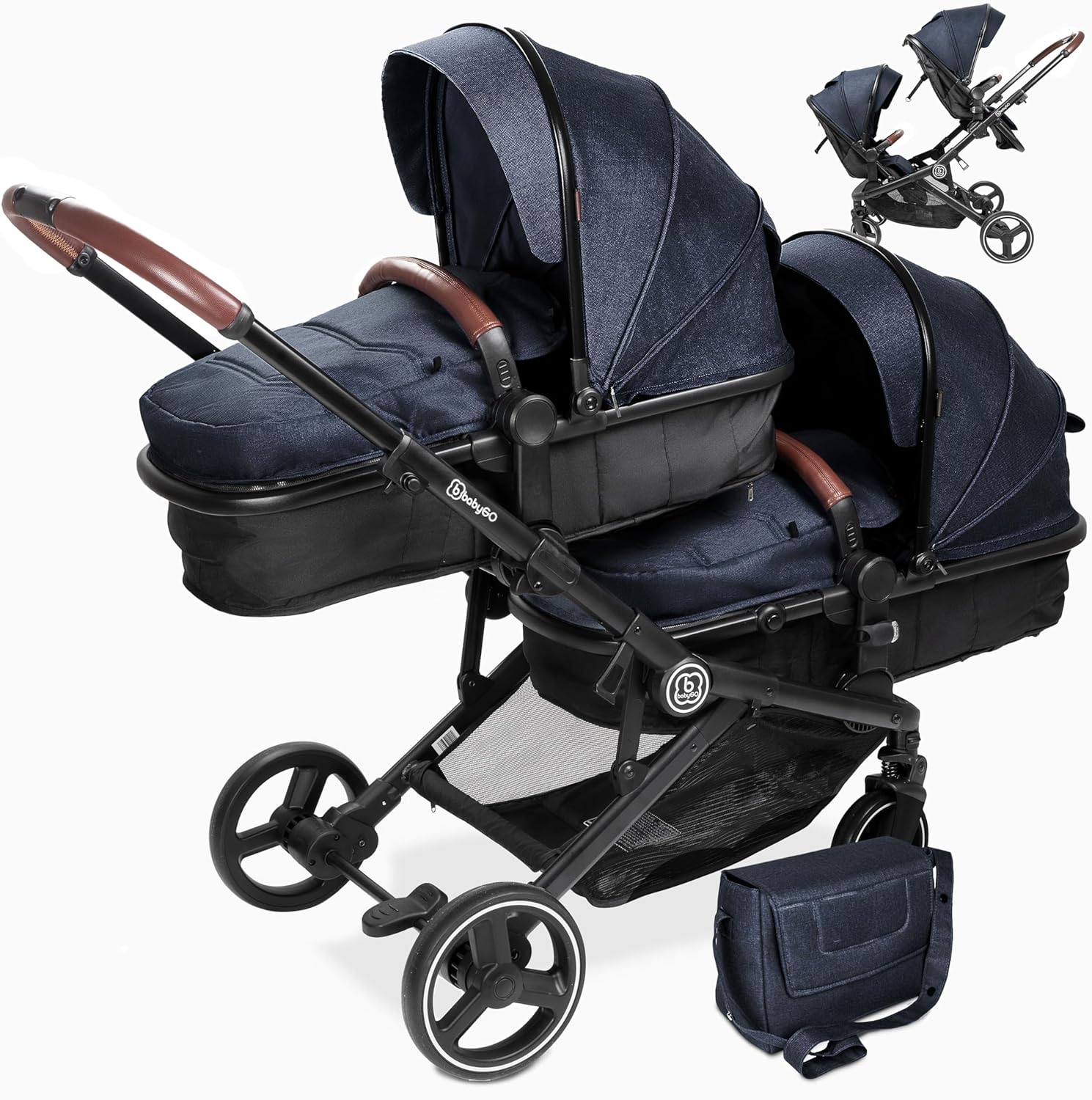 babyGO Kinderwagen 3-in-1 voor tweelingen - Duowandelwagen/tweelingwandelwagen voor baby's - Tweelingkinderwagen voor 2 kinderen met veel accessoires (blauw melange - zonder babyautostoel)