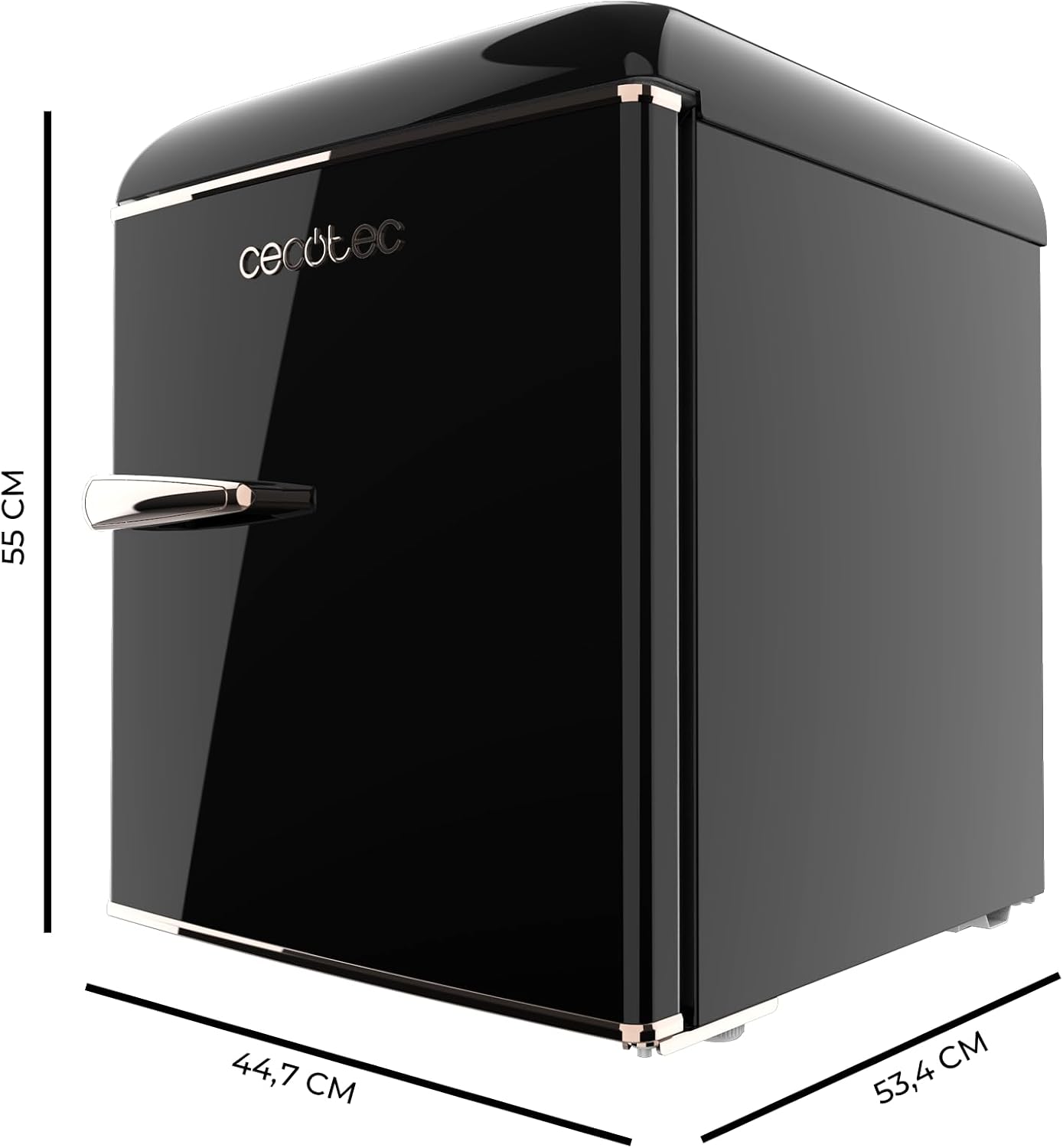 Cecotec Mini Frigo Bolero CoolMarket TT Origin 45 Black E. Réfrigérateur Hauteur 55cm et Largeur 44,7cm, Classe Énergétique E, Bac à Glace et Poignée Chromée, Noir