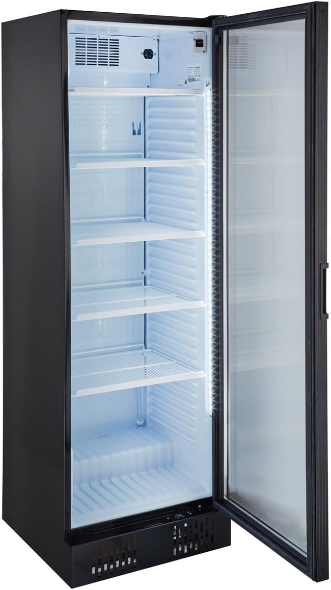 GastroHero Getränkekühlschrank Profi 382 für die Gastronomie, Made in Europe, 4 verstellbare Einlegeböden, 382 Liter Kühlraumvolumen, Kühlschrank mit Glastür, Abschließbar, Gastronomiebedarf, Schwarz