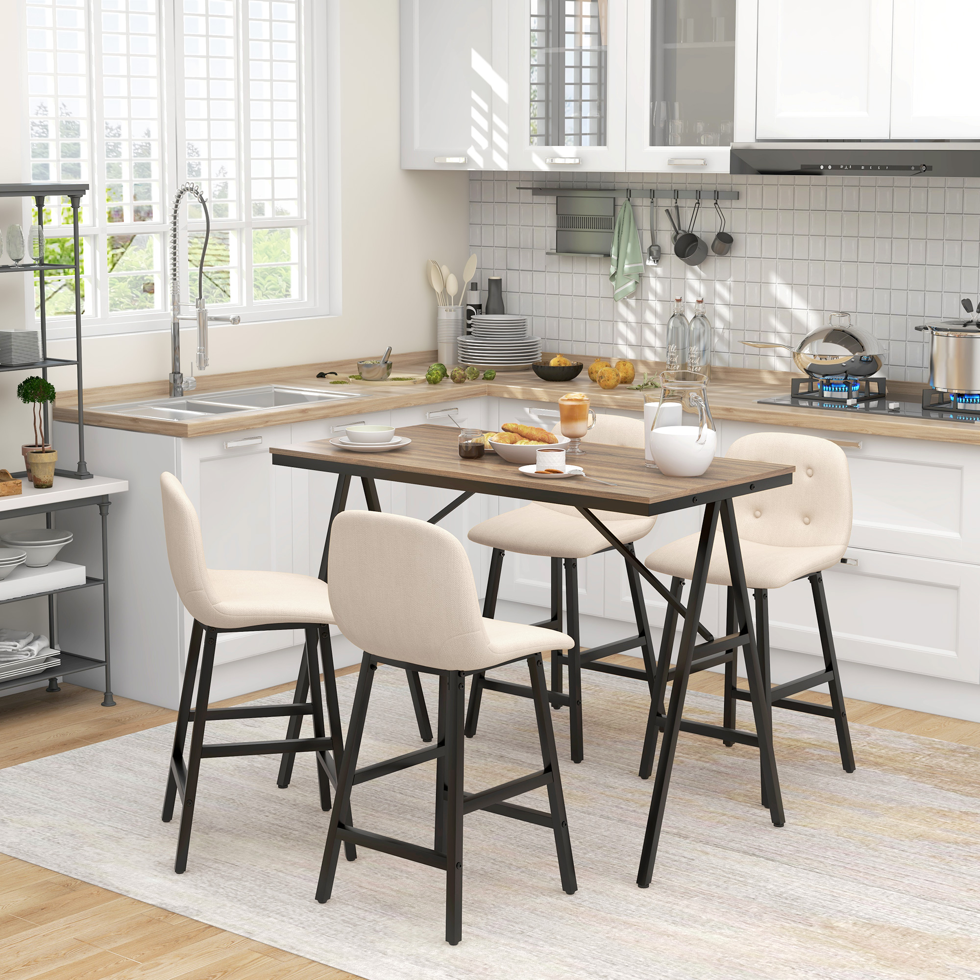 5-delige Bargarnituur, Tafel en 4 Stoelen, Knoopstiksel, Dikke Bekleding, Linnenlook, Beige