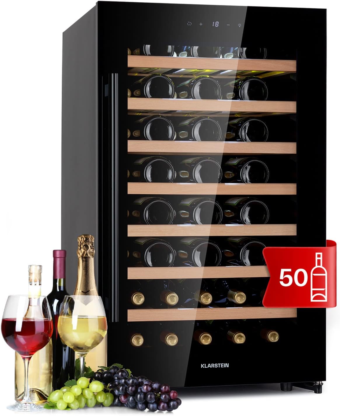 Klarstein Cave a Vin, Réfrigérateur à Vin avec Porte en Verre, Cave à Vin de Vieillissement, Zone Unique, Prosecco, Bière, Ecran Tactile, Réfrigérateur Bar, Frigo, Protection UV, 5-18°C, 52 Bouteilles