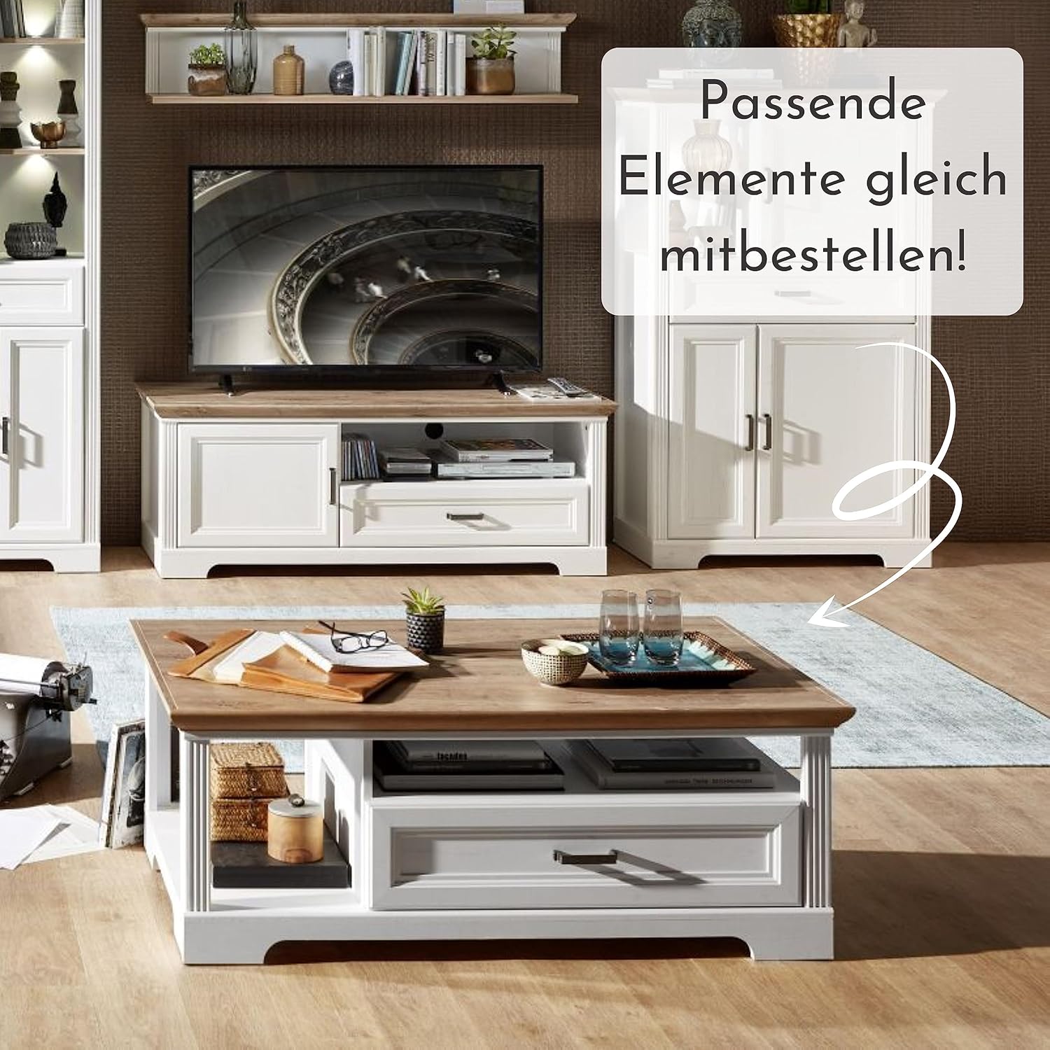 Stella Trading Buffetschrank in Pinie hell, Artisan Eiche Optik - Vitrinenschrank mit LED-Beleuchtung und viel Stauraum im Landhausstil - 166 x 205 x 48 cm (B/H/T)