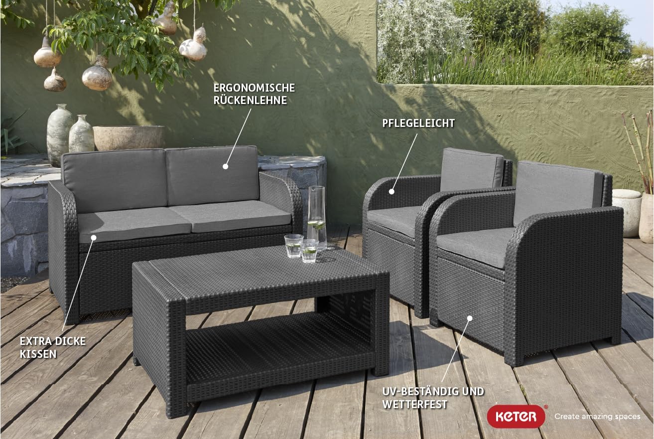 Allibert by Keter Modena Gartenmöbel Set aus Kunststoff, inkl. Sitzkissen, grau, 4-teilig, 2 Sessel, Sofa & Tisch, für Garten, Balkon & Terrasse, Flache Rattanoptik