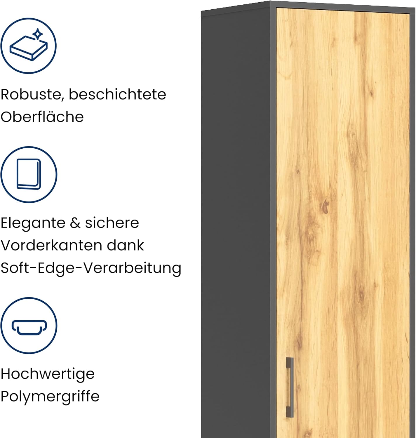 Home Collective Regal mit 5 Ebenen in matt Aktenschrank mit 4 Einlegeböden und 1 Tür, Standregal 39 cm breit mit hochwertigen Polymergriffen ideal für Schlafzimmer Wohnzimmer Flur Büro Graphit Eiche