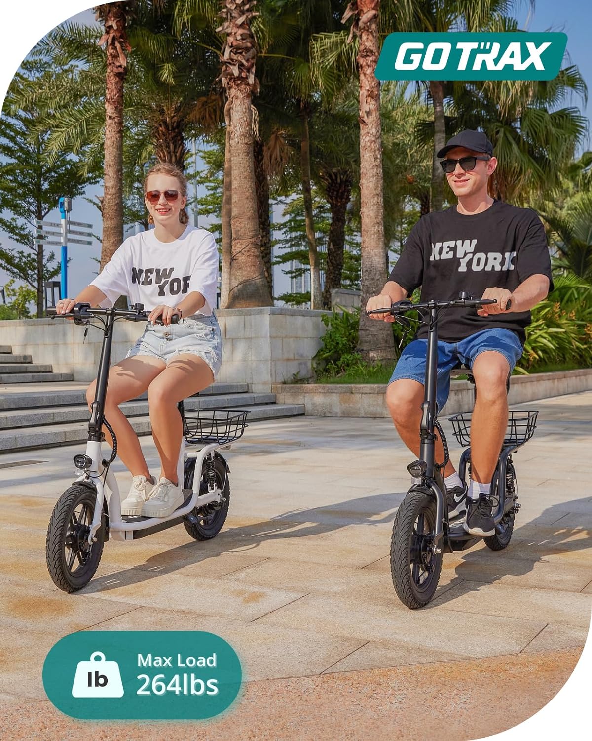 Gotrax adult electric scooter with seat, maximum range of 19-25 miles, all-terrain tires, wide pedals, padded seat, and carrycot