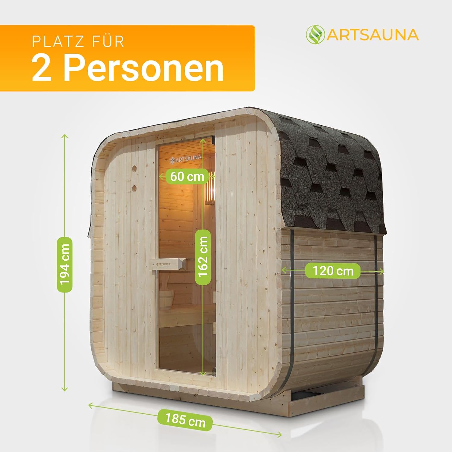 Artsauna Fasssauna Nolvik M, Outdoor-Sauna aus Fichtenholz, 3,6 kW Ofen, LED, Komplettset mit Sanduhr, Eimer & Thermometer, Winterfest, Cube Design