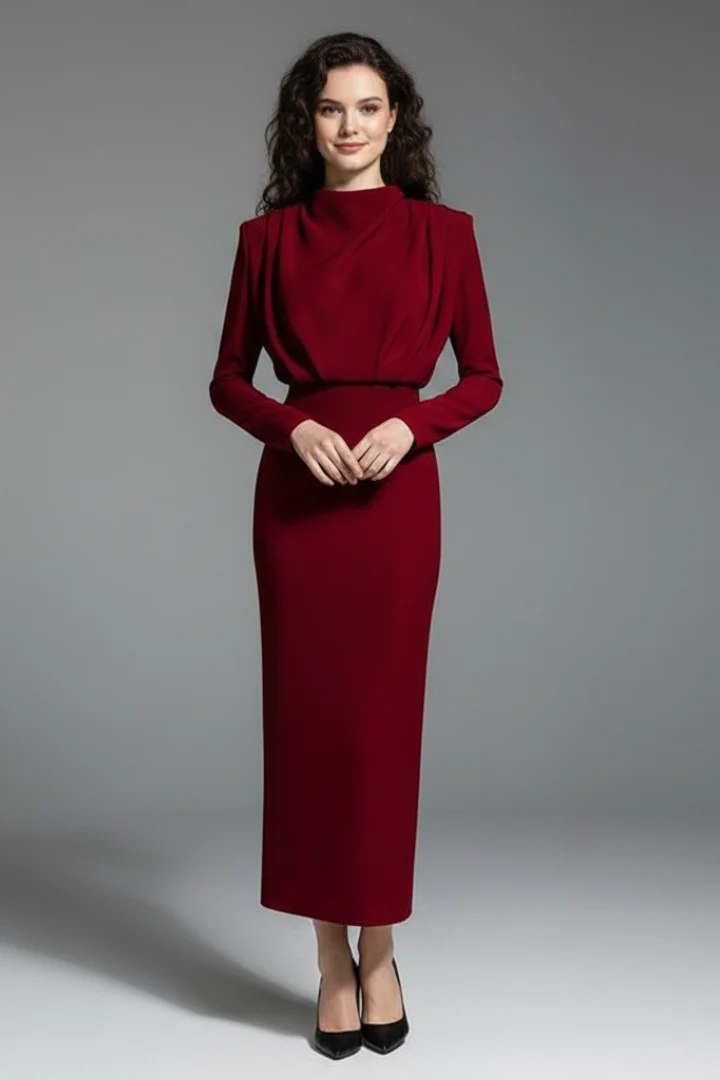 Damen Maxikleid mit Stehkragen und langen ?rmeln | Elegantes Langarmkleid mit tailliertem Schnitt und Raffung am Ausschnitt