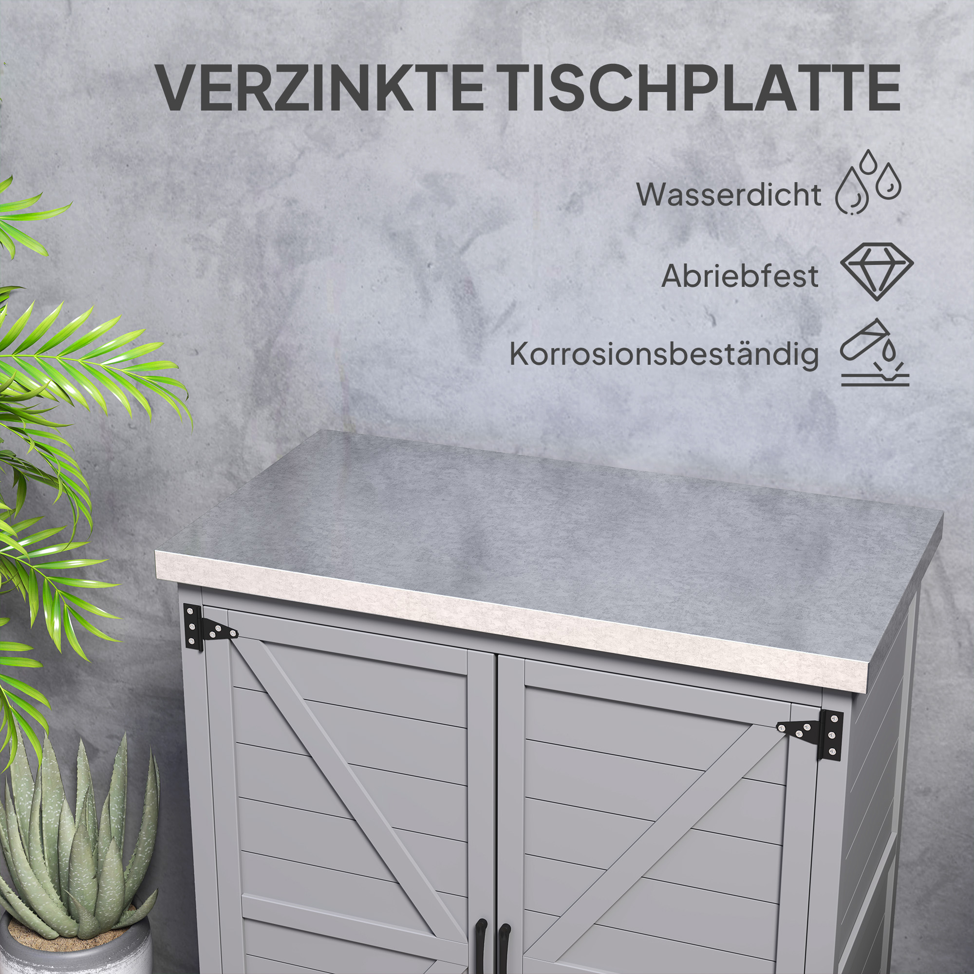 Tuinkast, Buitenkast met Werkvlak, Gereedschapskast, Massief Hout, Staal, 79B x 43D x 92H cm, Grijs