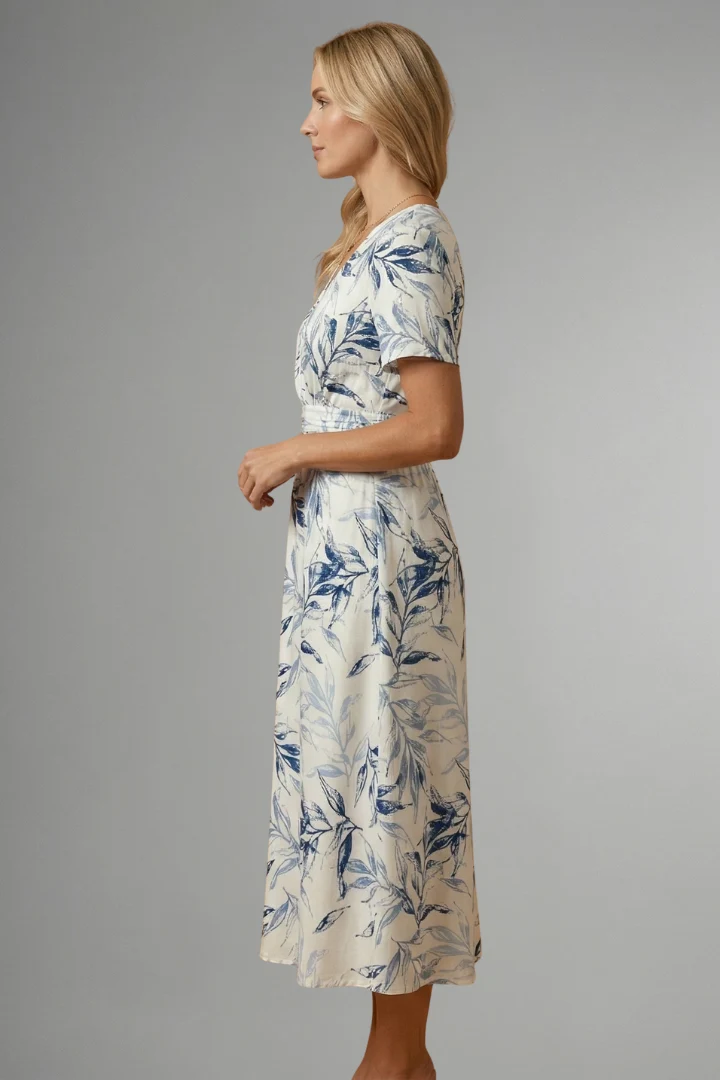 Damen Midikleid mit Blumenmuster und V-Ausschnitt | Tailliertes A-Linien Kleid mit kurzen ?rmeln in moderner Midi-L?nge