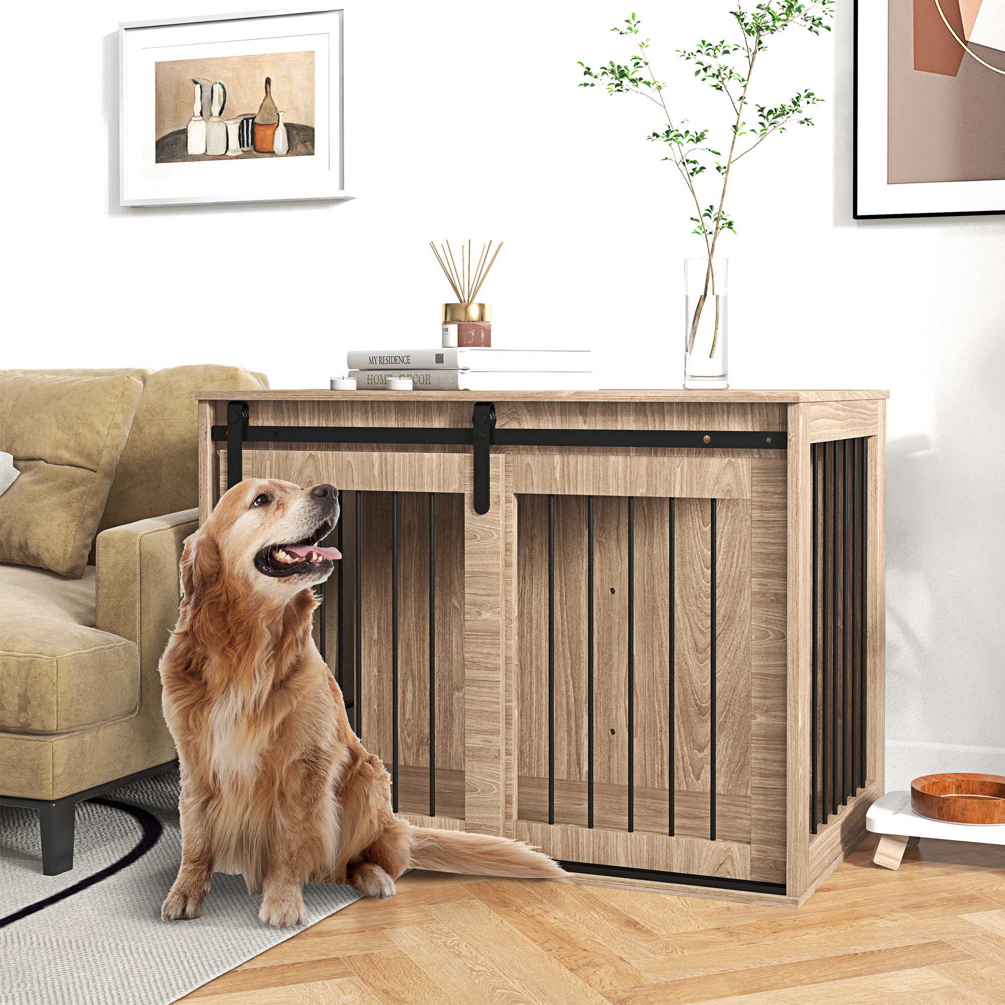 PawHut Hondenbench Hondenkooi, Afsluitbaar, Houtlook, Rustiek Ontwerp, 98 cm x 58 cm x 67 cm, Walnoot + Zwart