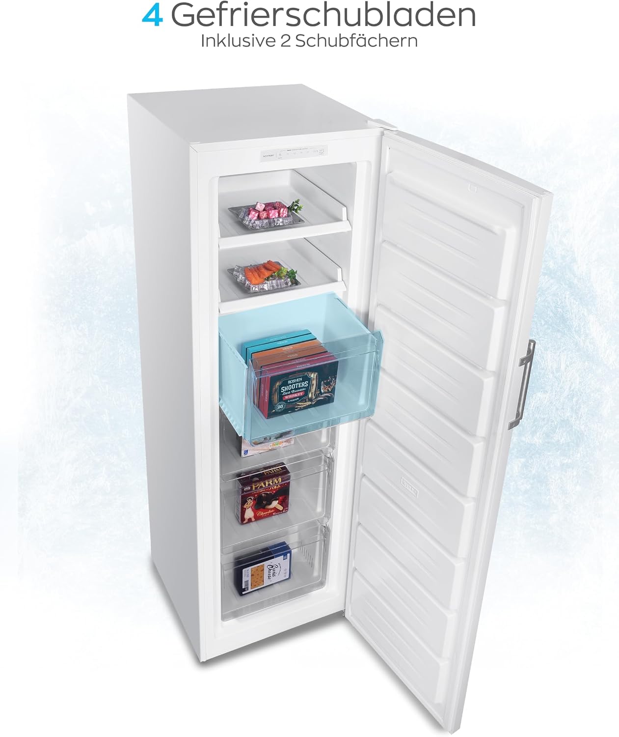 Heinrich´s Gefrierschrank 204L Temperatur: -14°C~-22°C, Volumen, Freezer, No-Frost Schutz, 4x Gefrierschubladen, 2x Schubfächer, LED-Display, wechselbarer Türanschlag, Alarmfunktion (weiß)