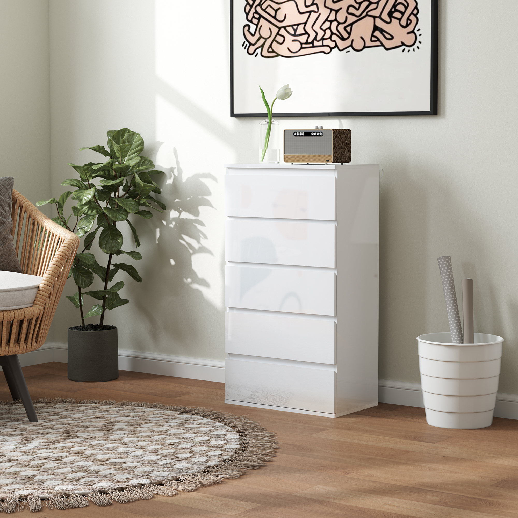 Ladekast Sideboard met 5 Laden, 55 cm x 34 cm x 100 cm, Wit