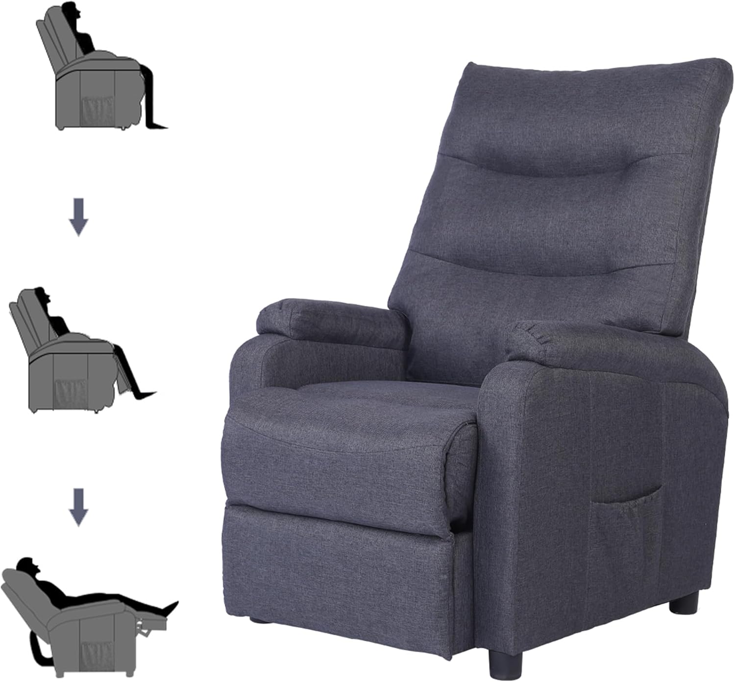 Mingone Relaxsessel, Fernsehsessel mit Liegefunktion, TV-Sessel mit Taschenfederkern, Gepolstert Liegesessel Ruhesessel Leinen Dunkelgrau für Wohnzimmer Schlafzimmer bis 150kg