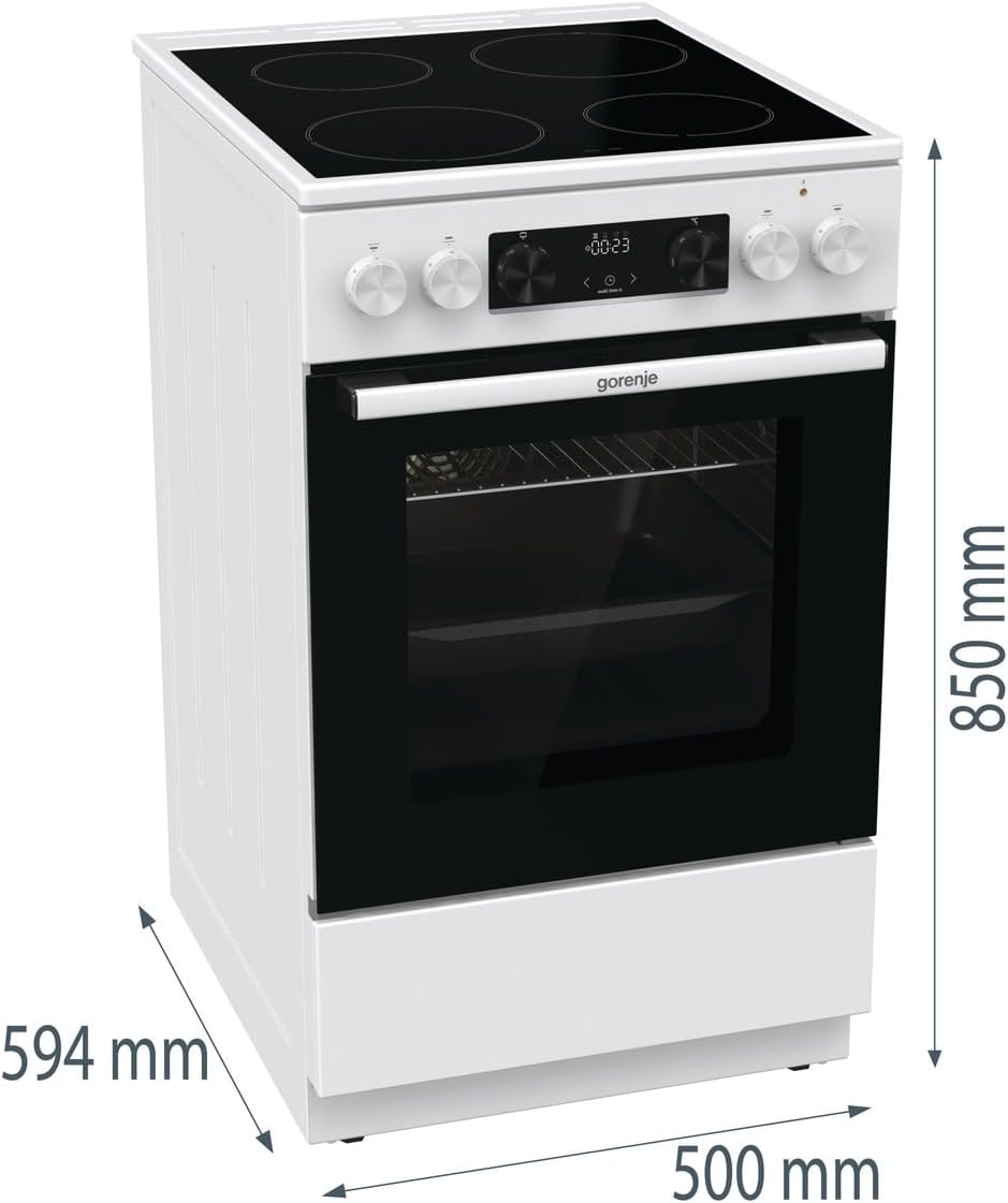 Gorenje GEC5C43WGAMZ Elektro-Standherd mit Glaskeramik-Kochfeld / 50 cm / 70 Liter/Schnellaufheizung/Pizzamodus 300°C/Auftauen/AquaClean/Ergonomische Knebel/ 8 Beheizungsarten/weiß