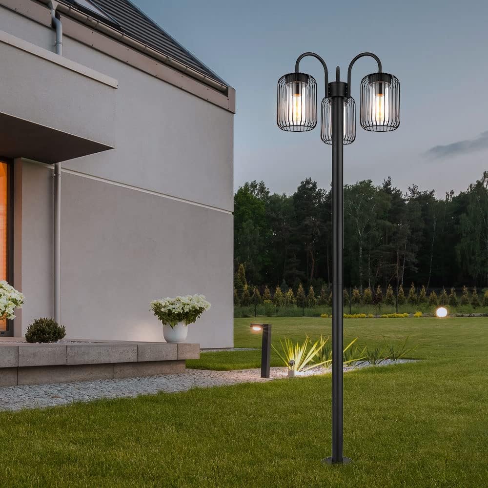 LED Stehlampe Laterne Außenlampe Retro Wegeleuchte Edelstahl Terrassenlampe wetterfest Gartenleuchte, Metallstäbe, schwarz, 3x E27 LED warmweiß, DxH 48,5x180 cm