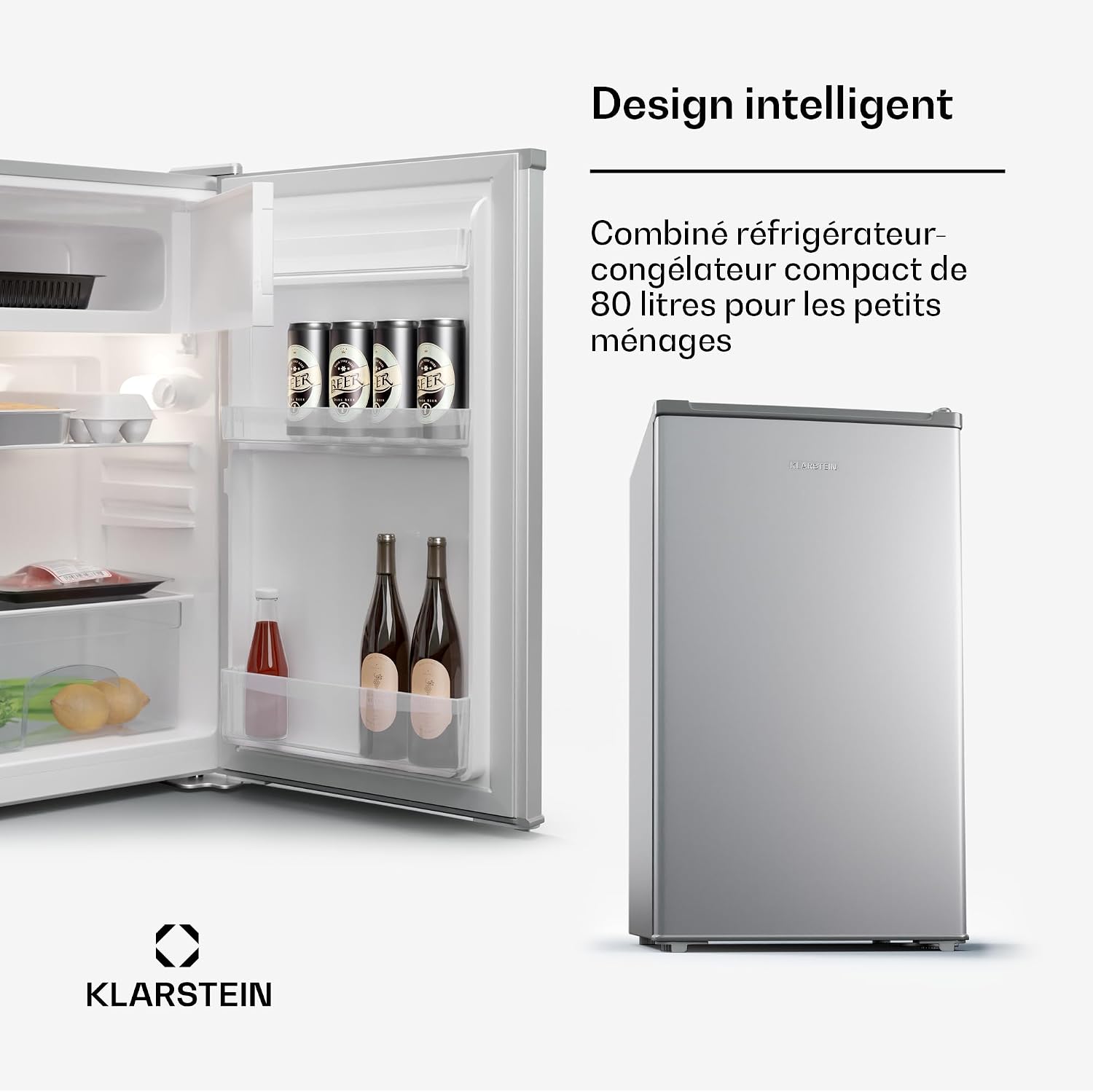 KLARSTEIN Mini Frigo de Chambre de 70L, Snacks, Boissons, Petit Frigo Top Silencieux, Mini Bar, Petit Réfrigérateur Camping, Mini Frigo Cosmetique, Refrigerateur avec Bac à Glaçons, 0-10°C