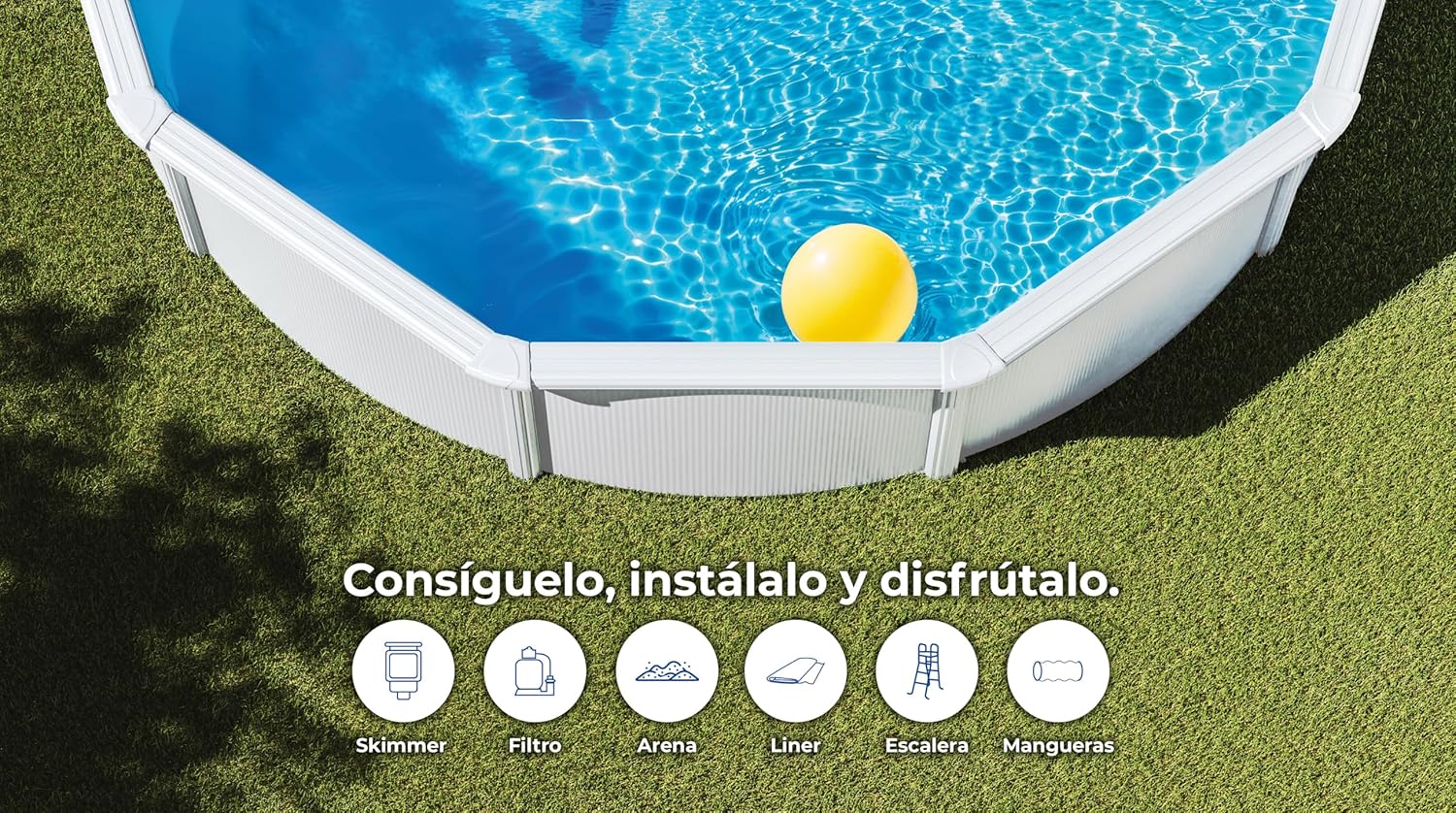 Piscina de Acero Elevada,Redonda con Aspecto Acero Blanco. Piscinas Desmontables para Jardín 240 x 120 cm - Piscina Gre KIT300ECO Fidji.