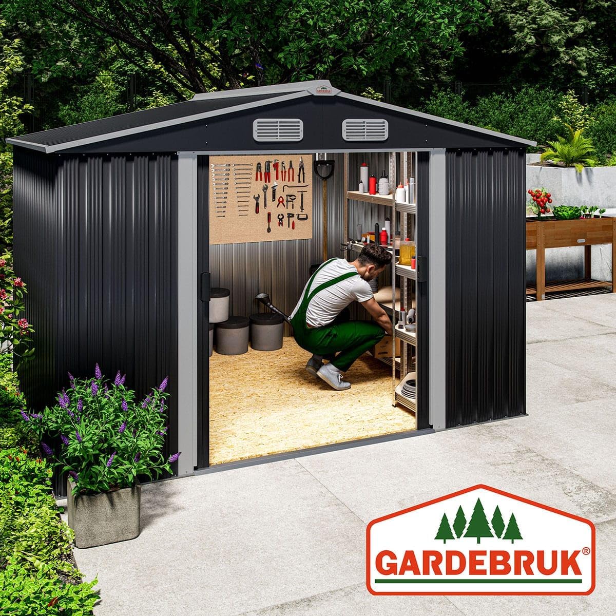 GARDEBRUK® XXL Metall Gerätehaus 5m² mit Fundament 257x205x178cm Schiebetür Anthrazit Geräteschuppen Gartenhaus 9m³