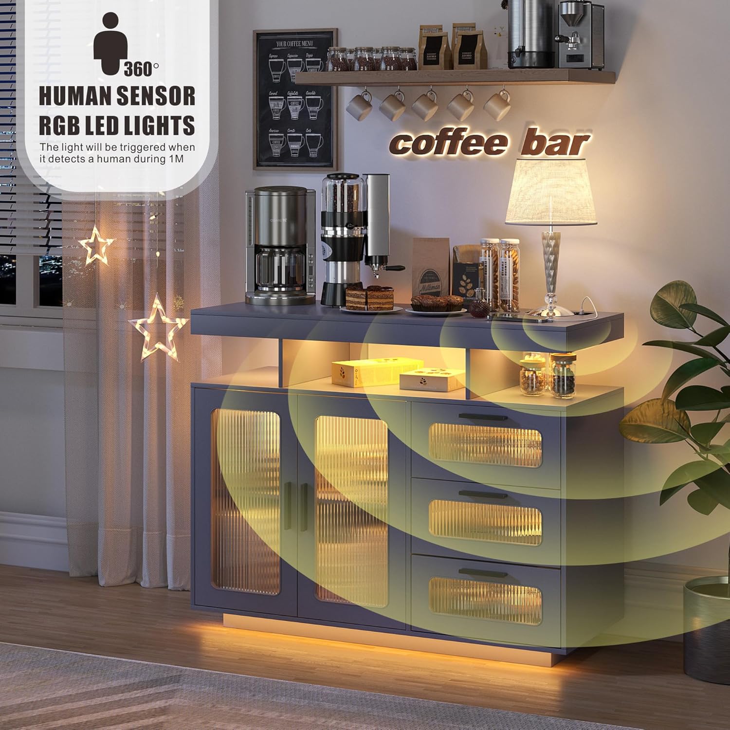 FREDEES RGB Küchenschrank mit Ladestation & LED-Beleuchtung, Sideboard Buffetschrank mit Stauraum für Küche und Esszimme, Gray