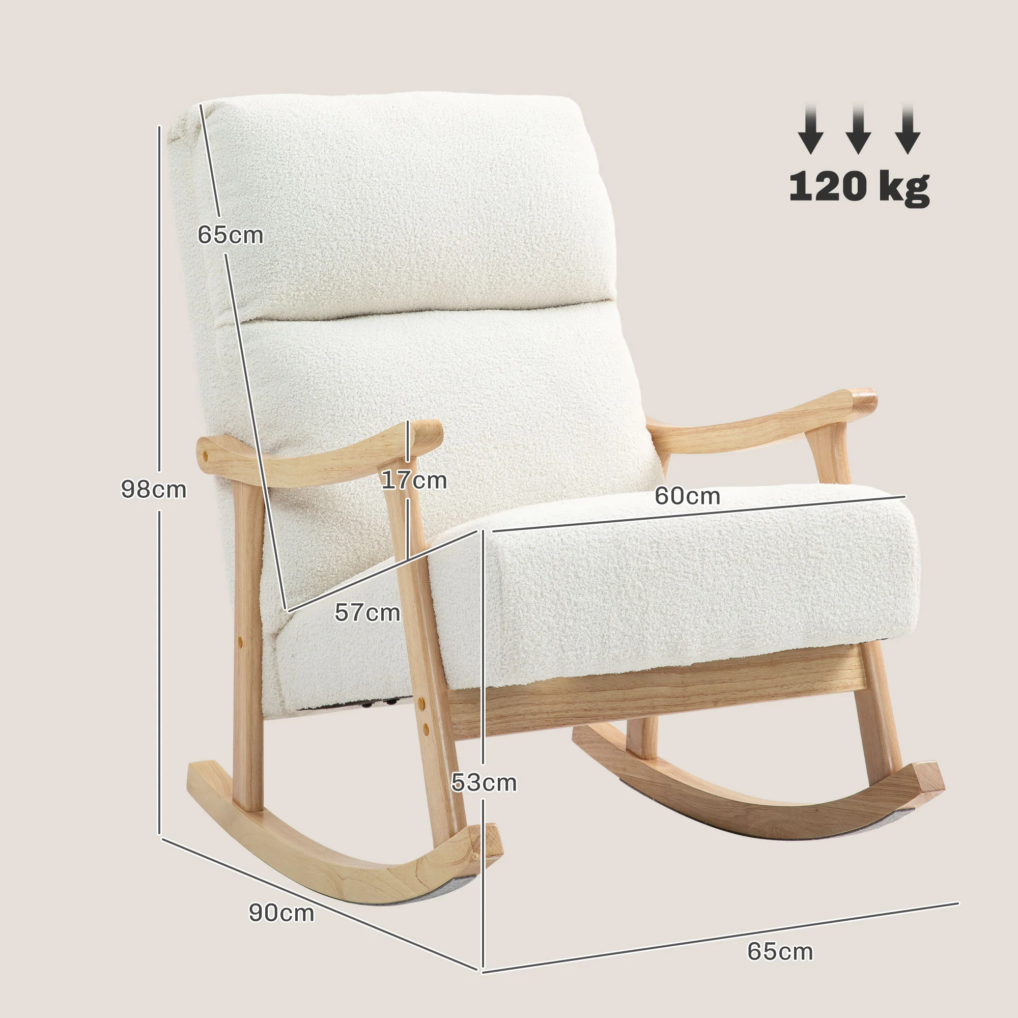 HOMCOM Schommelstoel met Fluweelachtige Bekleding, Ergonomische Rugleuning, Belastbaar tot 120 kg, 65B x 90T x 98H cm, Roomwit