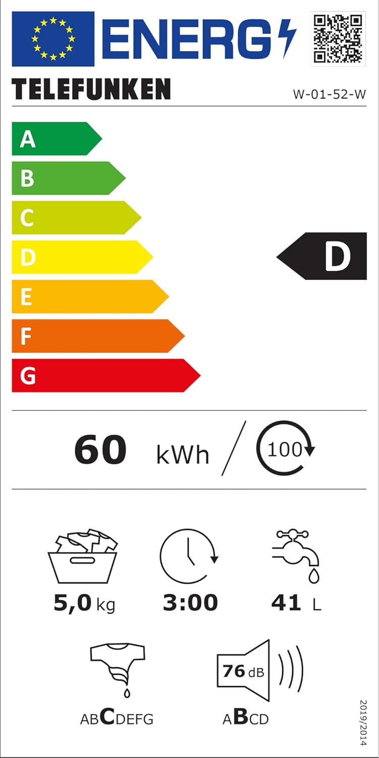 Telefunken W-01-52-W Waschmaschine (5 kg / 1000 U/Min) mit Mengenautomatik und Überlaufschutz / 15 Programme/Startzeitvorwahl/weiß