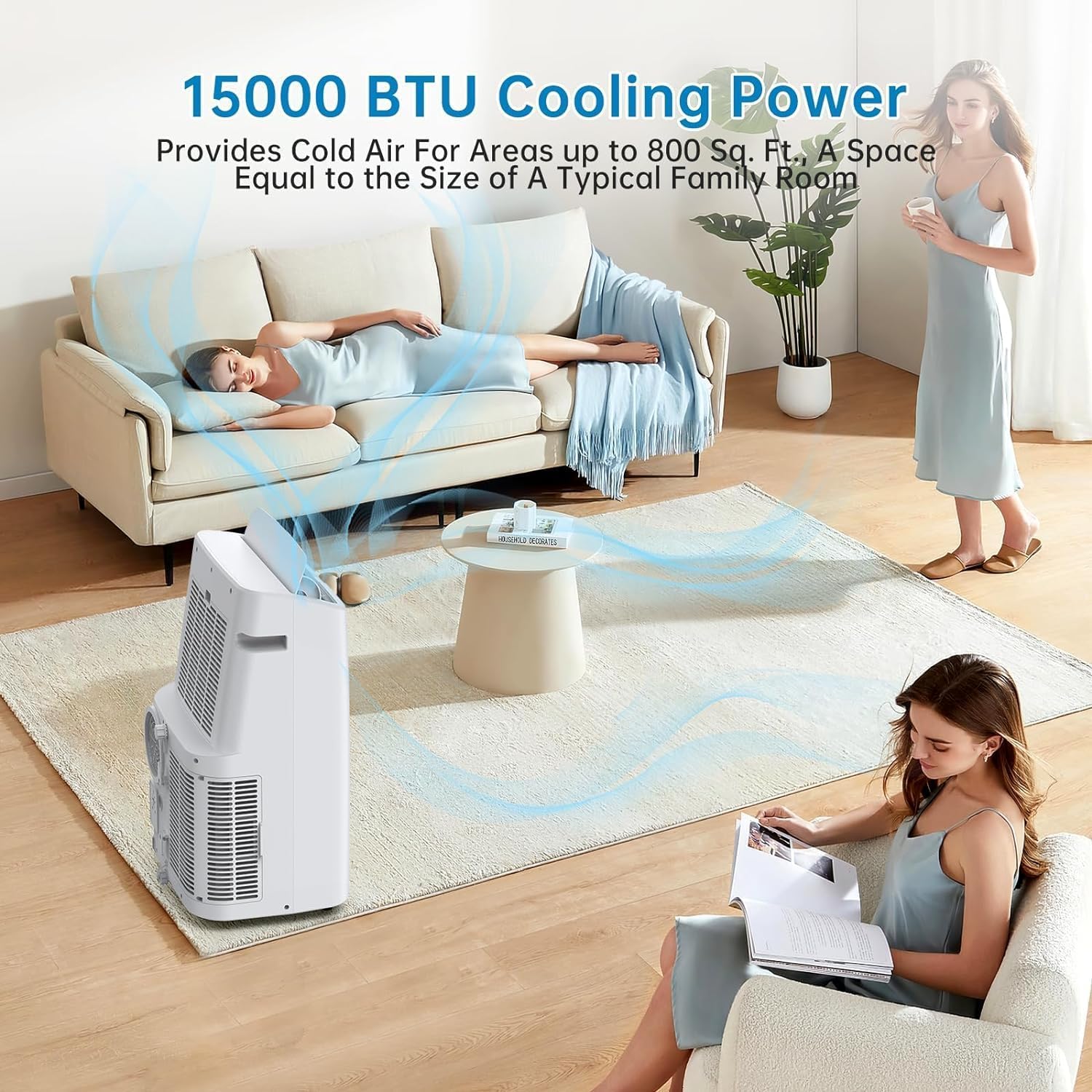 Tragbare Klimaanlagen, 15.000 BTU tragbare AC-Einheit bis zu 800 sq.ft mit Ventilator & Luftentfeuchter, Fernbedienung, 24 Stunden, Fenster-Kits enthalten Drainagefreie Kühlung für Schlafzimmer, Büro