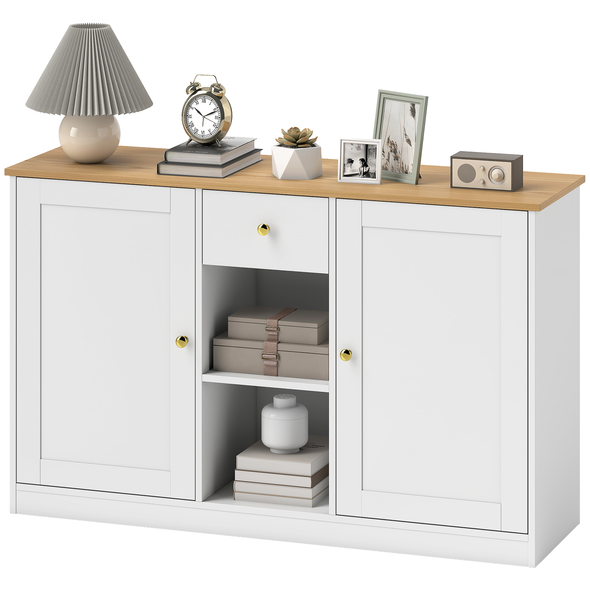 Keukenkommode, Sideboard met Lade, Kasten, Schappen, Spaanplaat, Wit