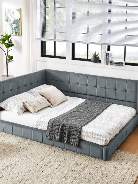 Full Size Upholstered Tufted Bed Frame with Comfortable Backrest and Armrests, Velvet Sofa Bed for Bedroom or Living Room, Grey (80.5” x 59” x 30.5”)