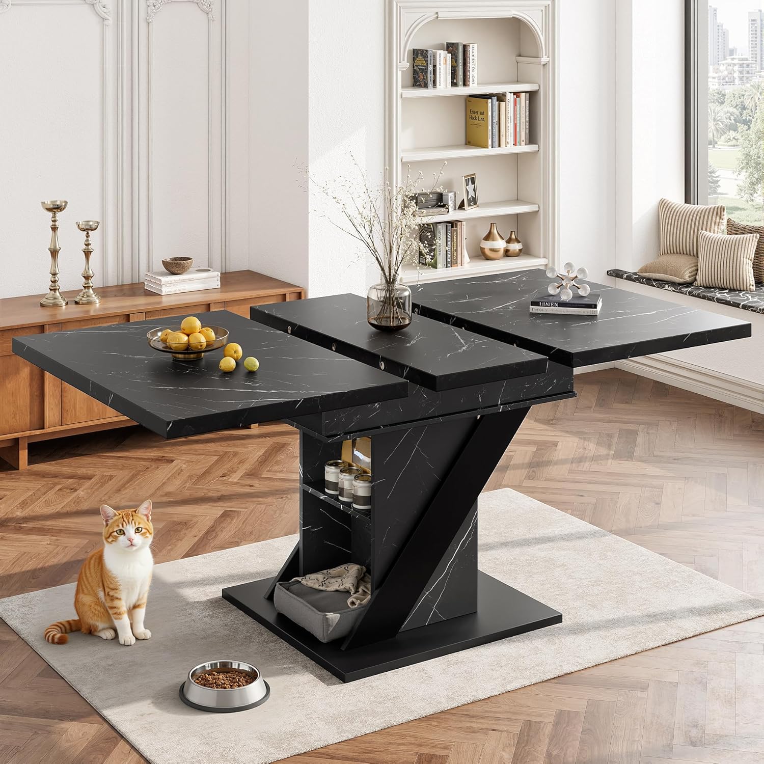 Esstisch Ausziehbar mit Stauraum Tischbeine für 4-6 Personen, Esszimmertische Küchentisch mit Unverwechselbare Muster, Esstisch Holz Esszimmertisch Ausziehbar, 110-140x80x75 cm, Schwarz