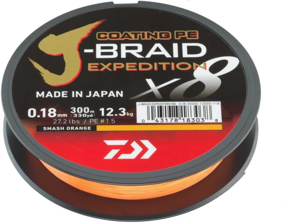 DAIWA J-Braid Expedition X8E, 0,13mm, 8,4kg/18,5lbs, 3000m, Smash Orange, Geflochtene Angelschnur, 12550-313