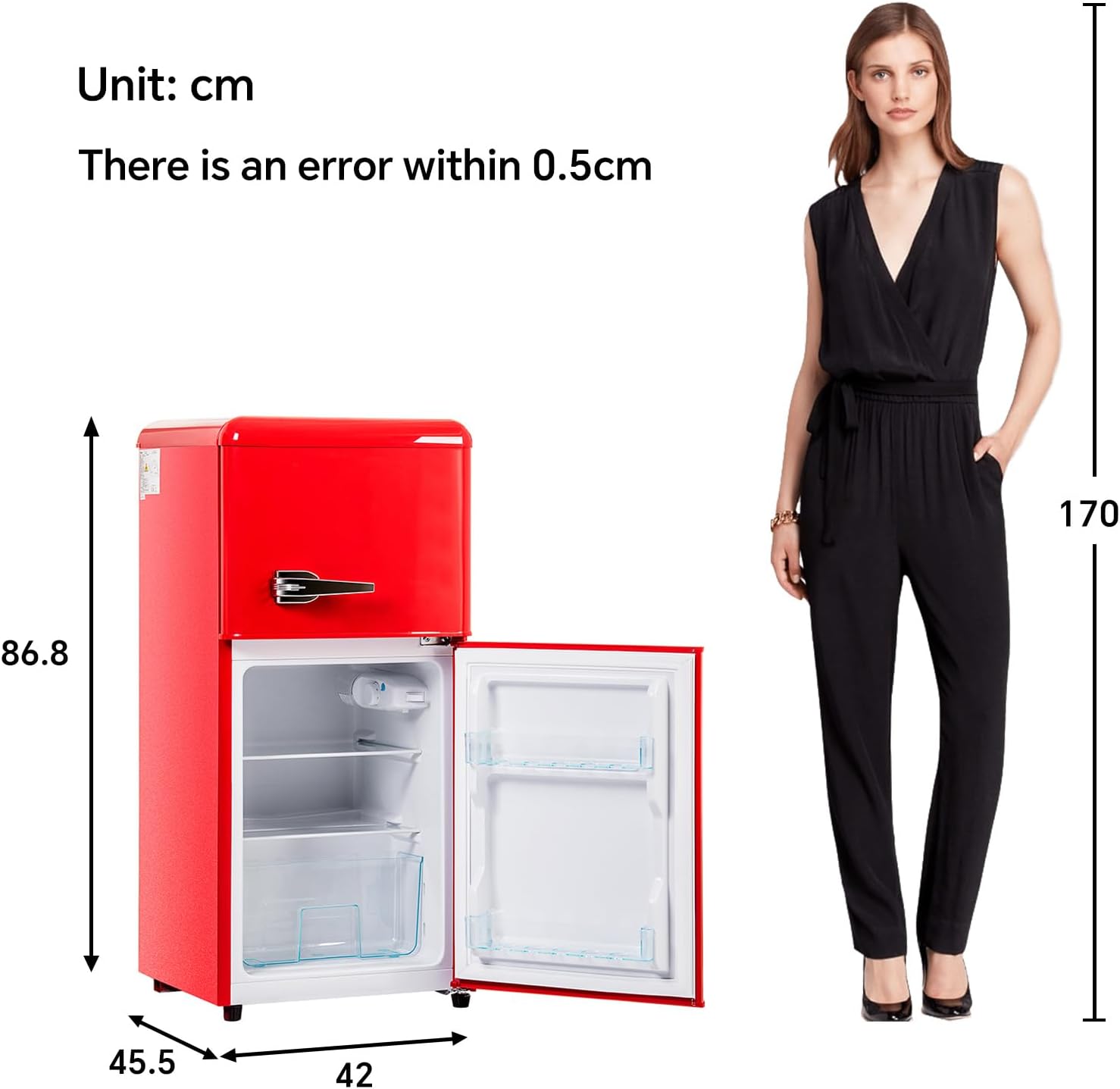 DRIXNO Retro-Kühlschrank Rot Gefrierkombination. 86,8 cm hoch, 45,5 cm breit, zweitürig, mit 60 Liter Gesamtvolumen, 22 Liter Gefriervolumen. 163 kWh/Jahr, -27°C ∽ 13°C, LED-Licht
