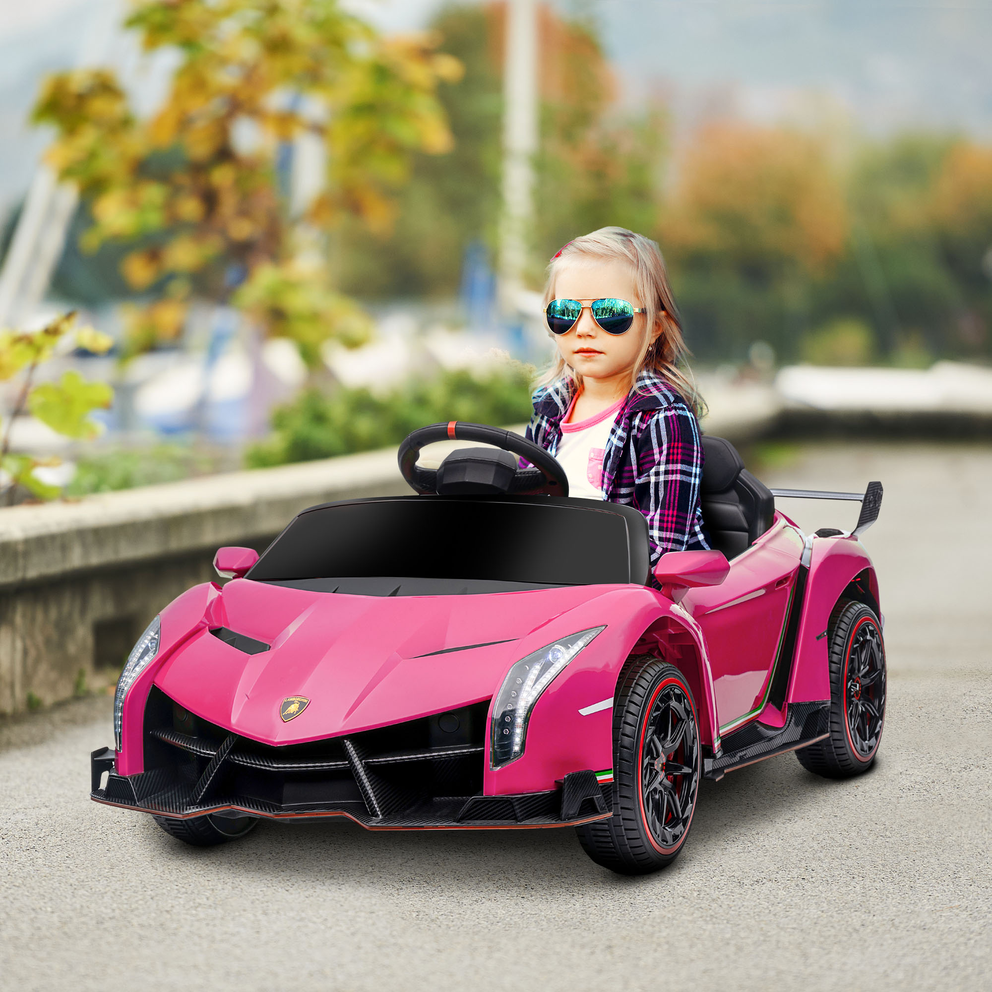 Elektrische Kinderauto, gelicentieerde Lamborghini Veneno, 3-7 km/u, Vleugeldeuren, Muziekspeler, Afstandsbediening, roze