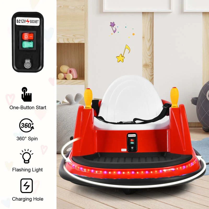 12V Toddler Bumping Car, Battery Powered Baby Ride on Bumper Car with Dual Joysticks, Flashing LED Light & 360 Degree Spin