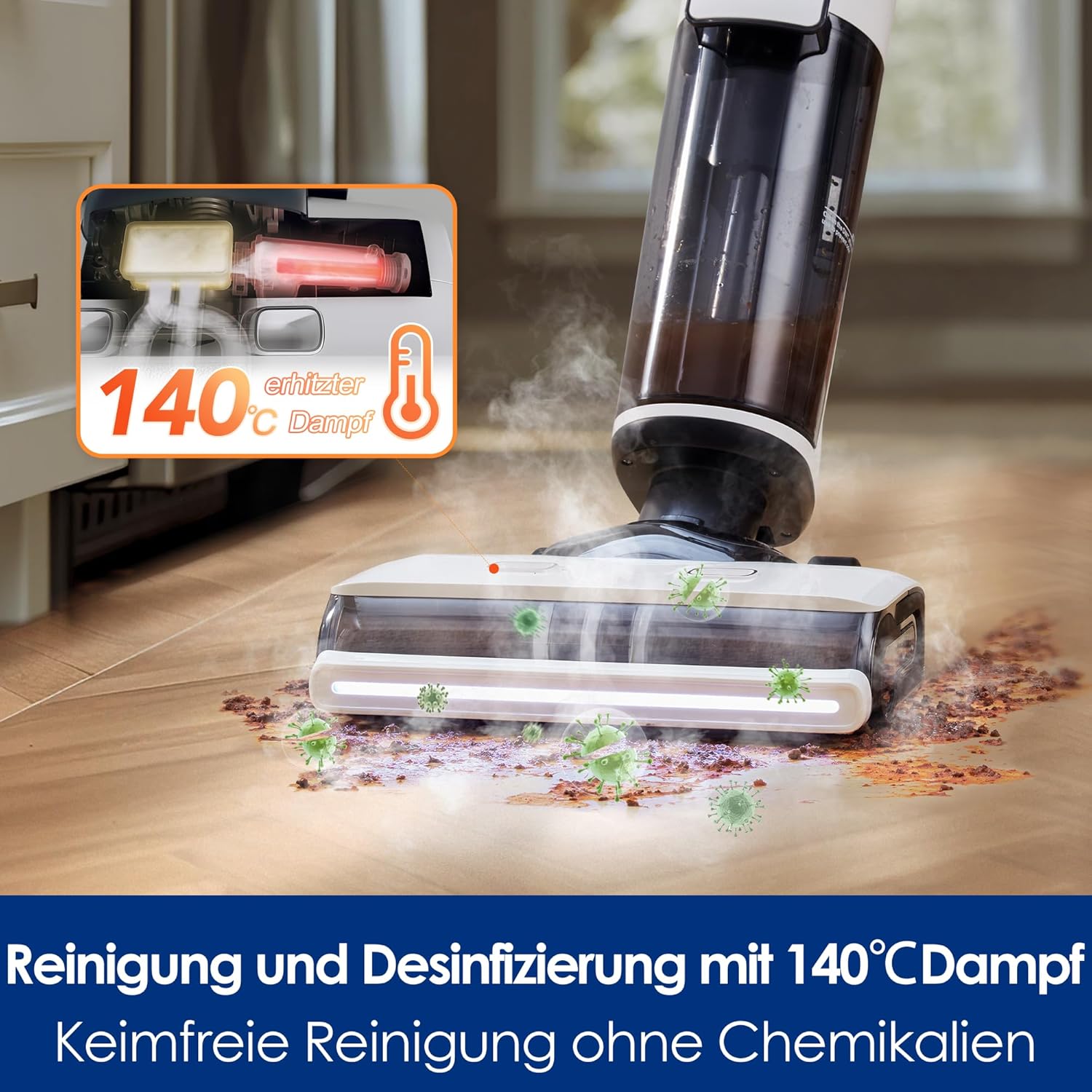 Tineco iFLOOR 5 Steam Nass Trockensauger, 120℃ Hochtemperatur-Dampf, Dampfreiniger mit Kabel, Selbstreinigung Nasssauger, Hartholz bodenreiniger für klebrige Verschmutzungen, Essensreste