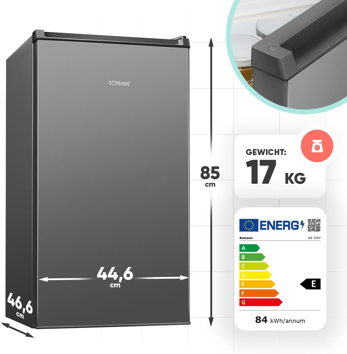 Bomann® Kühlschrank mit Frostfach | 83 Liter | energieeffizient, leise & kompakt | 0°C - 8°C, stufenlos regelbar | 2 Ablagen & Gemüsefach | LED Beleuchtung | Türanschlag wechselbar | KS 7257 inox