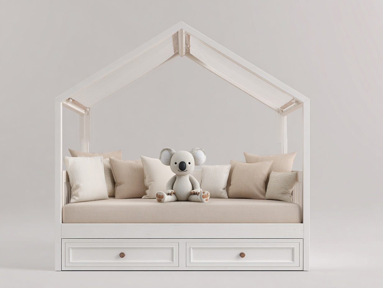 Hausbett-Holzrahmen-160x80x150cm-Weiß-Natur-Stauraum-Schubladen-ModernesDesign