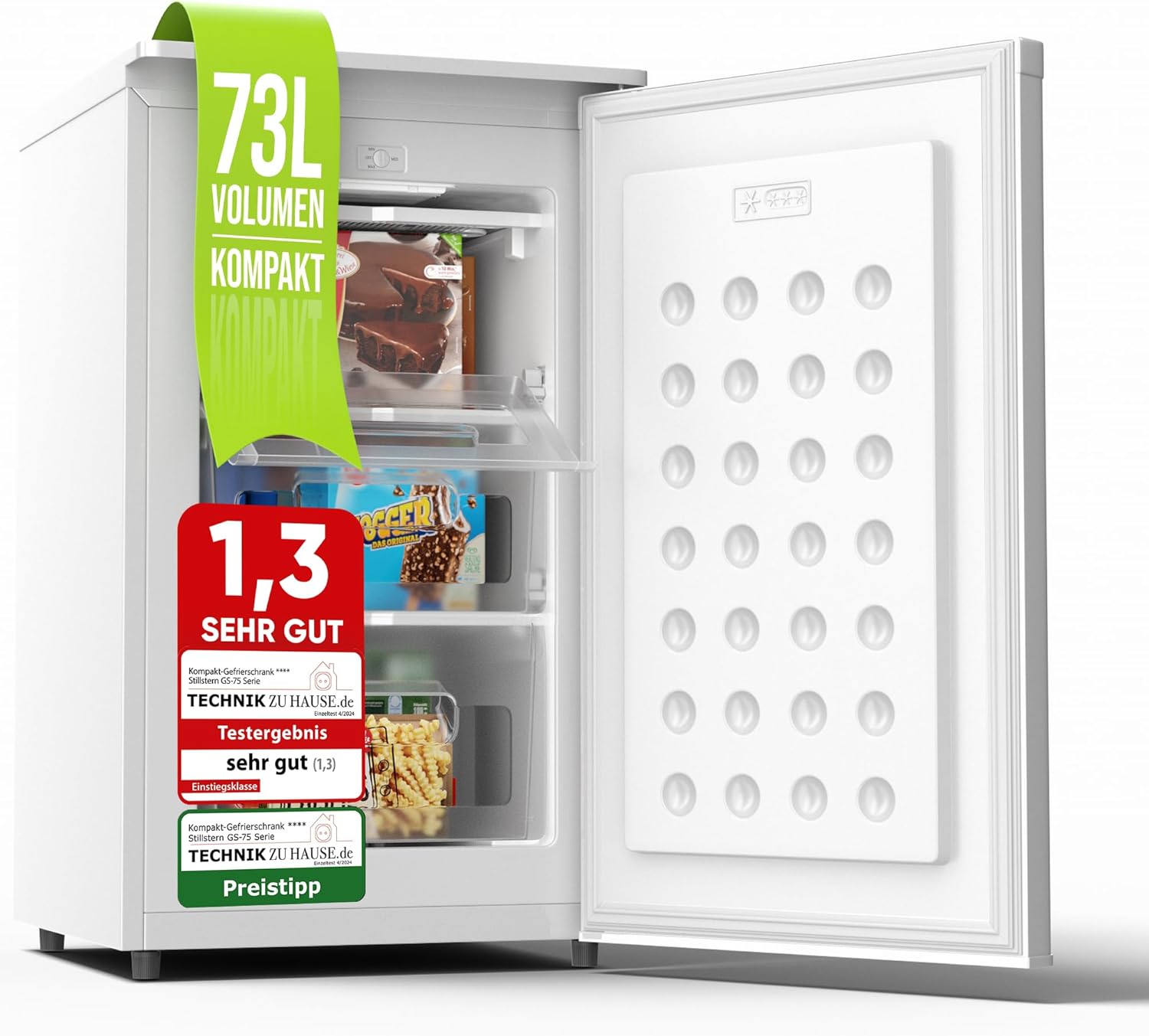 Stillstern Gefrierschrank Klein (73L) 4-Sterne-Gefrierfach -18°C ger. Energiever. Mini Freezer mit 3 Fächer, stufenlos reg. Temp., kleine Tiefkühltruhe, Türanschlag r./l. Tiefkühlschrank R600A Weiß