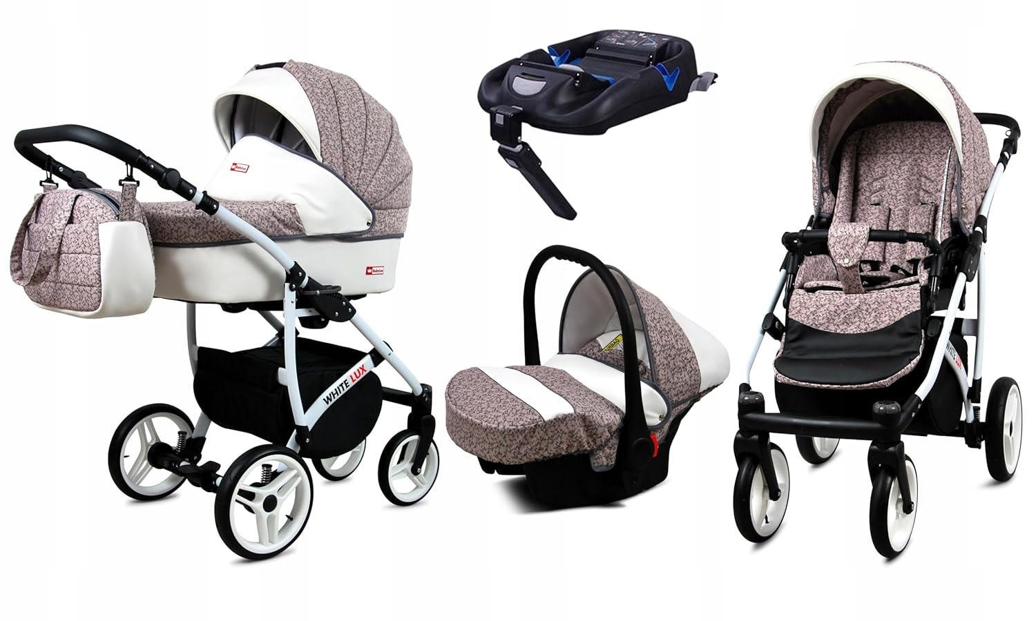 BabyLux® Bambimo Kinderwagen Set 3 in 1 - White Lux - incl. Babywanne, Buggy Sportsitz, Auto-Babyschale - Autositz - Kinderwagenset - Kombikinderwagen mit Wickeltasche, Regenschutz usw.