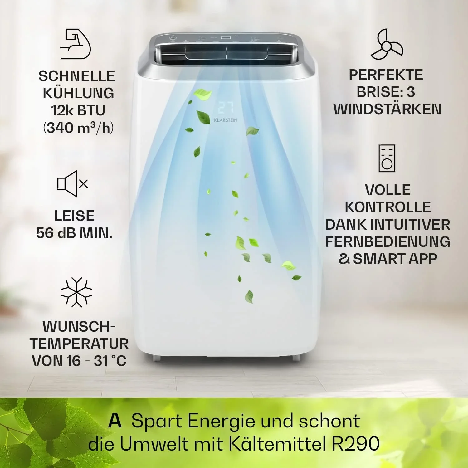 Klarstein Mobile Klimaanlage mit Abluftschlauch, 3-in-1 Klimager?t mit Ventilator, Luftentfeuchter & Nachtmodus, Kleine & Portable Klimaanlage f��r Wohnung & B��ro, 12000 BTU Niedrig Verbrauch