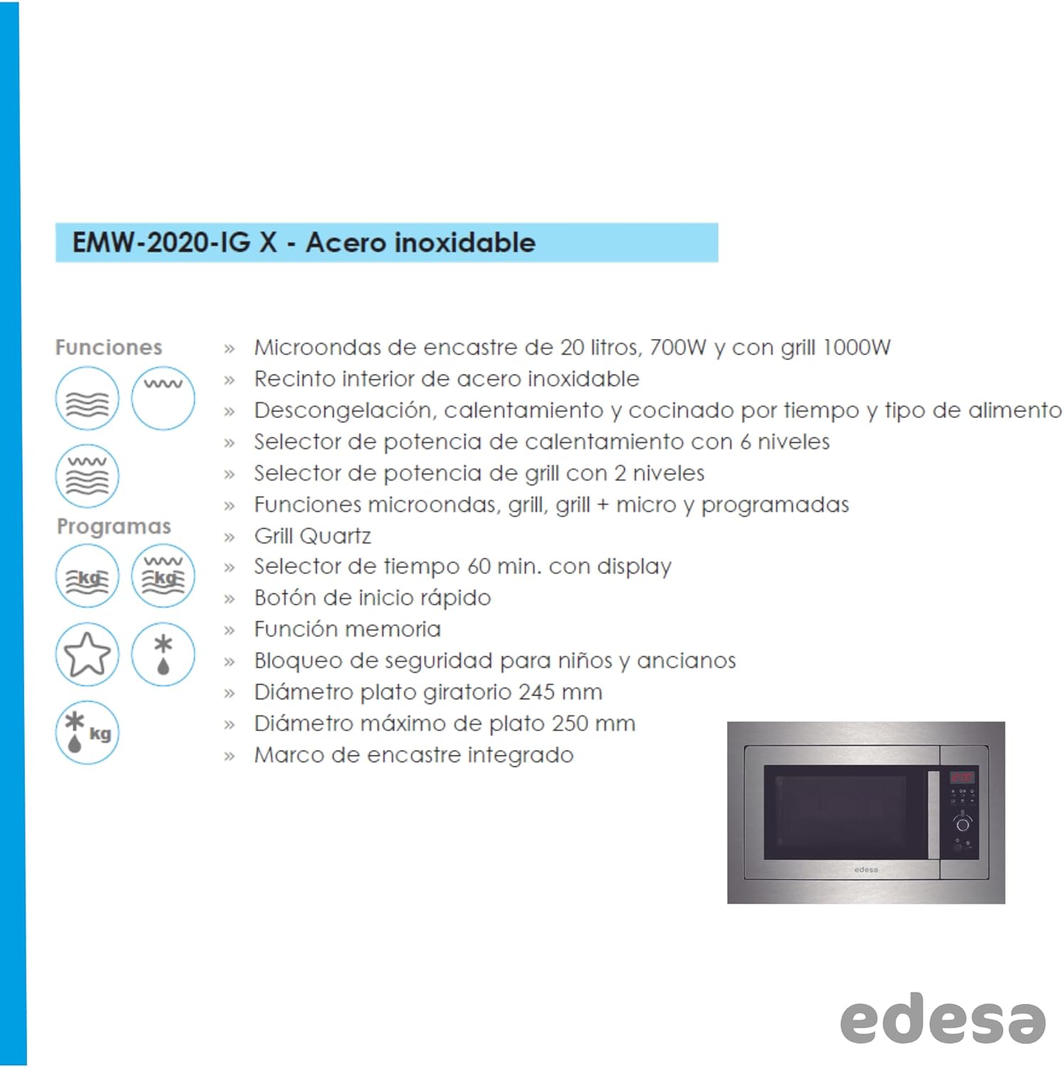 Edesa Microwave Built-in Frame EMW-2020-IG X 20L Power 700 W Grill 1000W Digital Display with Plug Color Stainless Steel