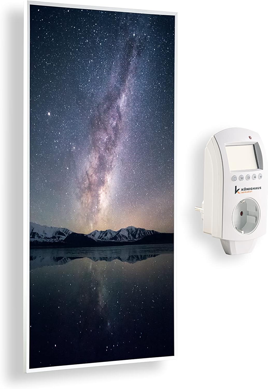 Könighaus Panorama Bildheizung 1200 Watt - Smart Thermostat - 18-29 m² | App, weißer Rahmen, Motiv: 18. Sternenhimmel 2, TÜV SÜD, Infrarot Wandheizung